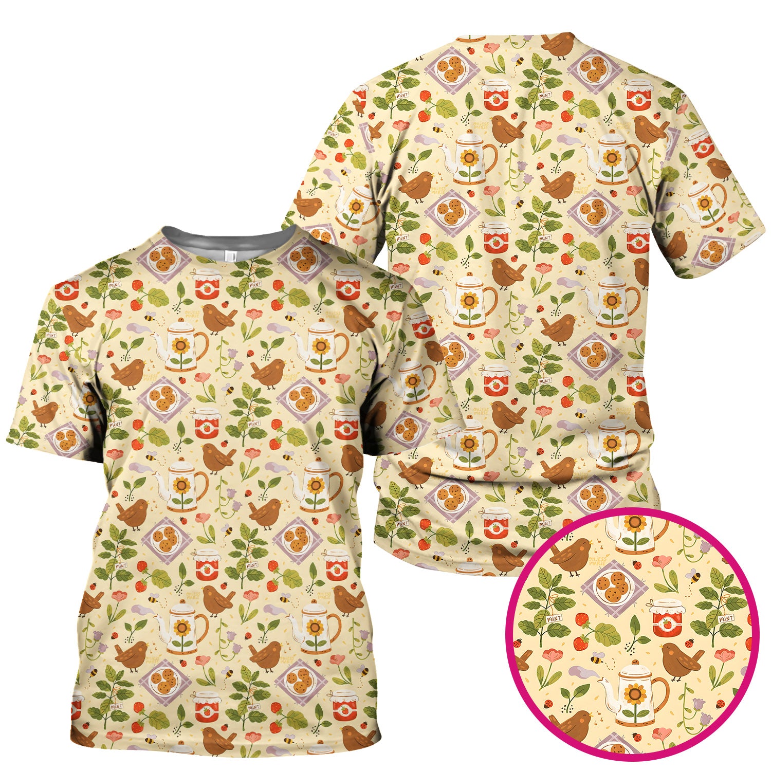 Cute Garden Tea Bird Strawberry Pattern Scrub Top, Comfortable Scrubs for Nurses