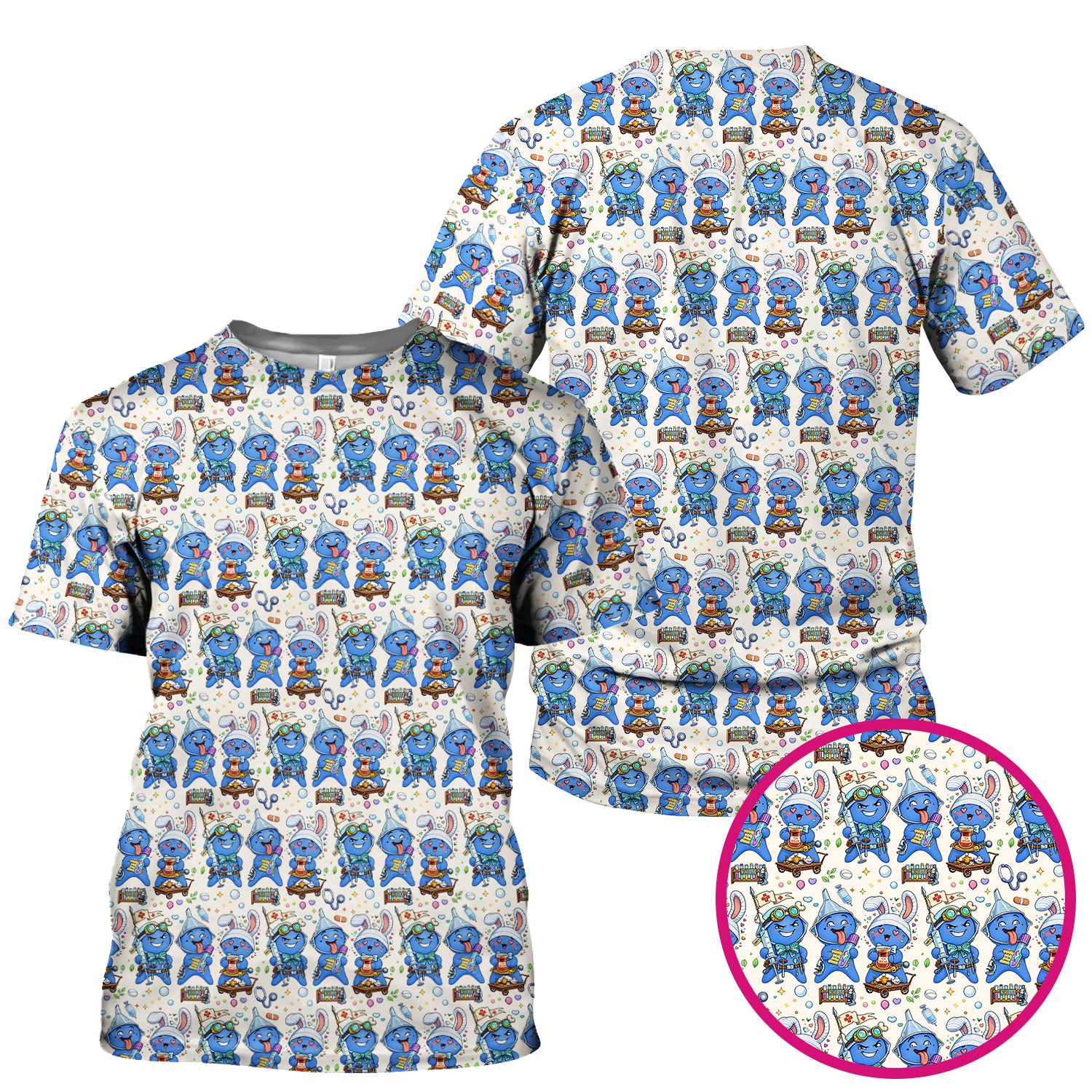 Cute Glove Doll Hospital Medical Cartoon Nurse Pattern Scrub Top, Comfortable Scrubs for Nurses