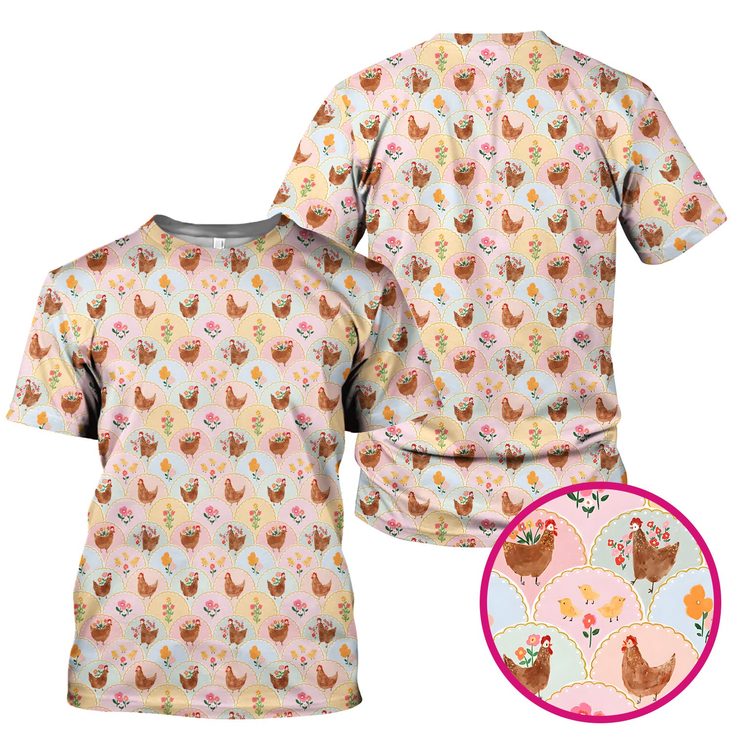 Pastel Chicken With Floral Scrub Top, Cute Chicken Nursing Uniform For Women