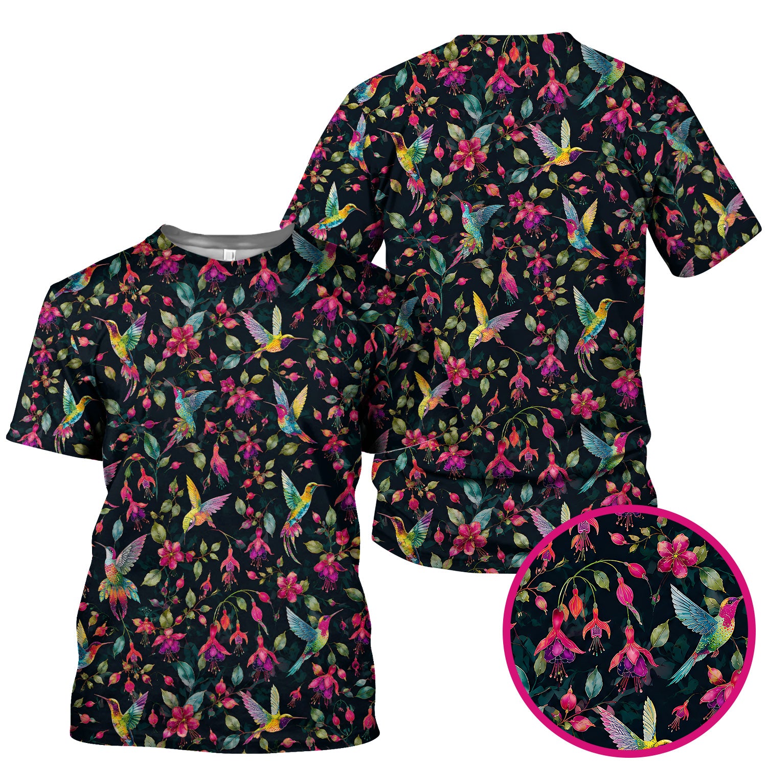 Hummingbird Fuchsia Bloom Pattern Scrub Top, Comfortable Scrubs for Nurses
