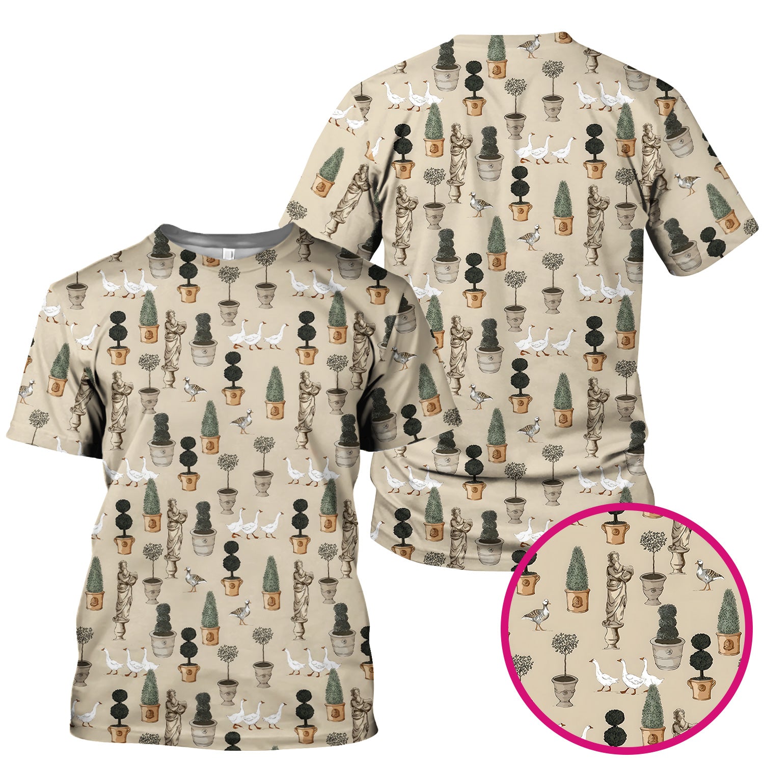 Vintage Garden Statue Topiary Goose Bird Pattern Scrub Top, Comfortable Scrubs for Nurses