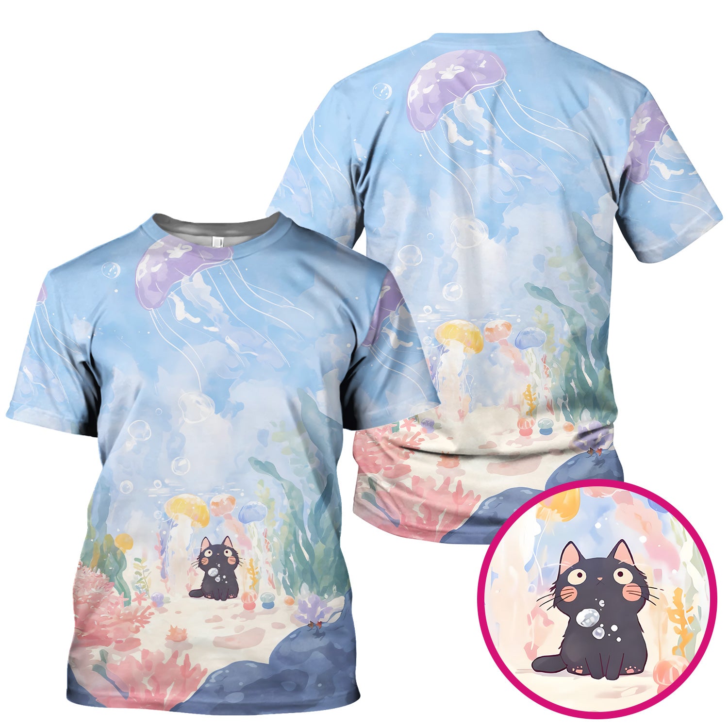Cute Underwater Black Cat Jellyfish Pattern Scrub Top, Comfortable Scrubs for Nurses