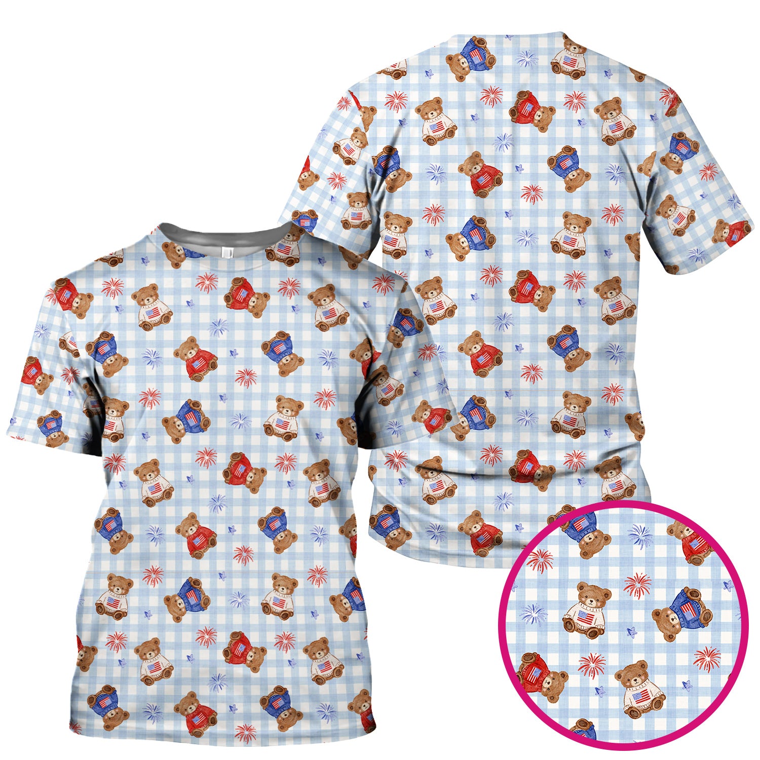 Cute Patriotic Teddy Bear Firework Gingham Pattern Scrub Top, Comfortable Scrubs for Nurses