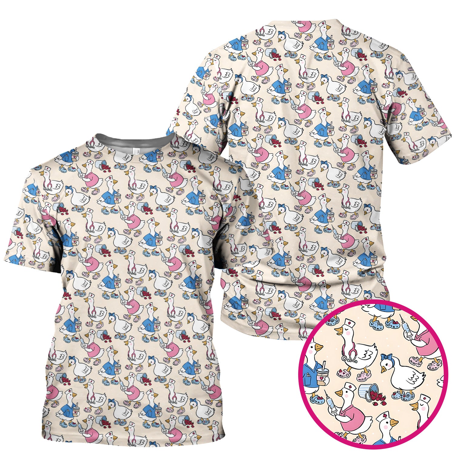 Cute Nurse Goose Cartoon Pattern Scrub Top, Comfortable Scrubs for Nurses