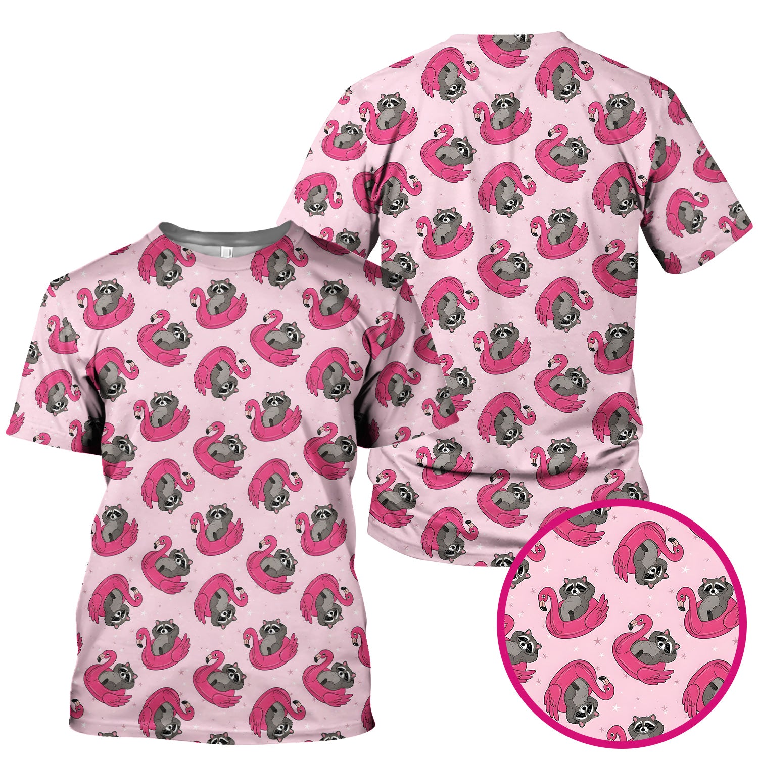 Cute Raccoon Flamingo Float Pattern Scrub Top, Comfortable Scrubs for Nurses