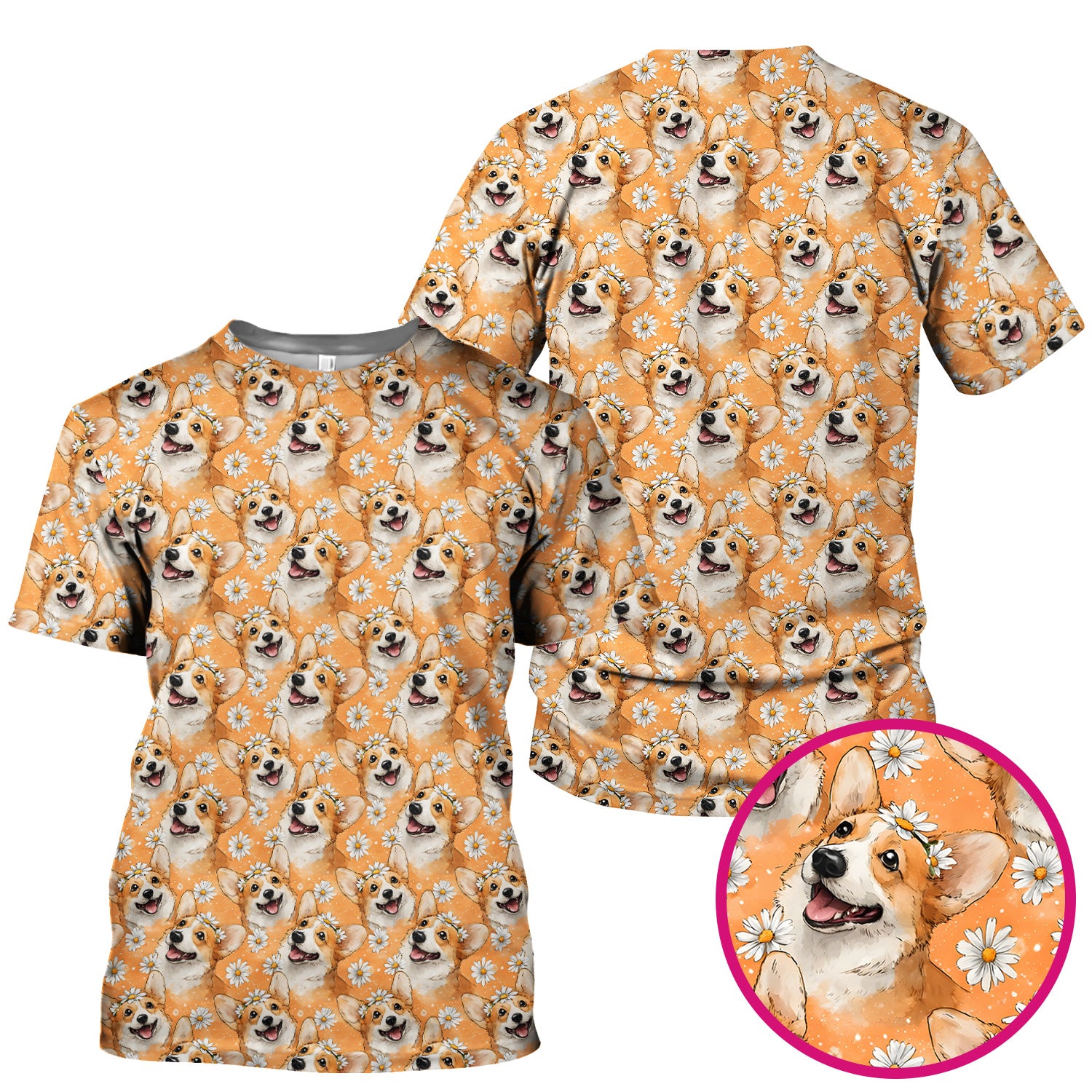 Happy Corgi Daisy Floral Pattern Orange Scrub Top, Breathable Fabrics Nursing Uniform