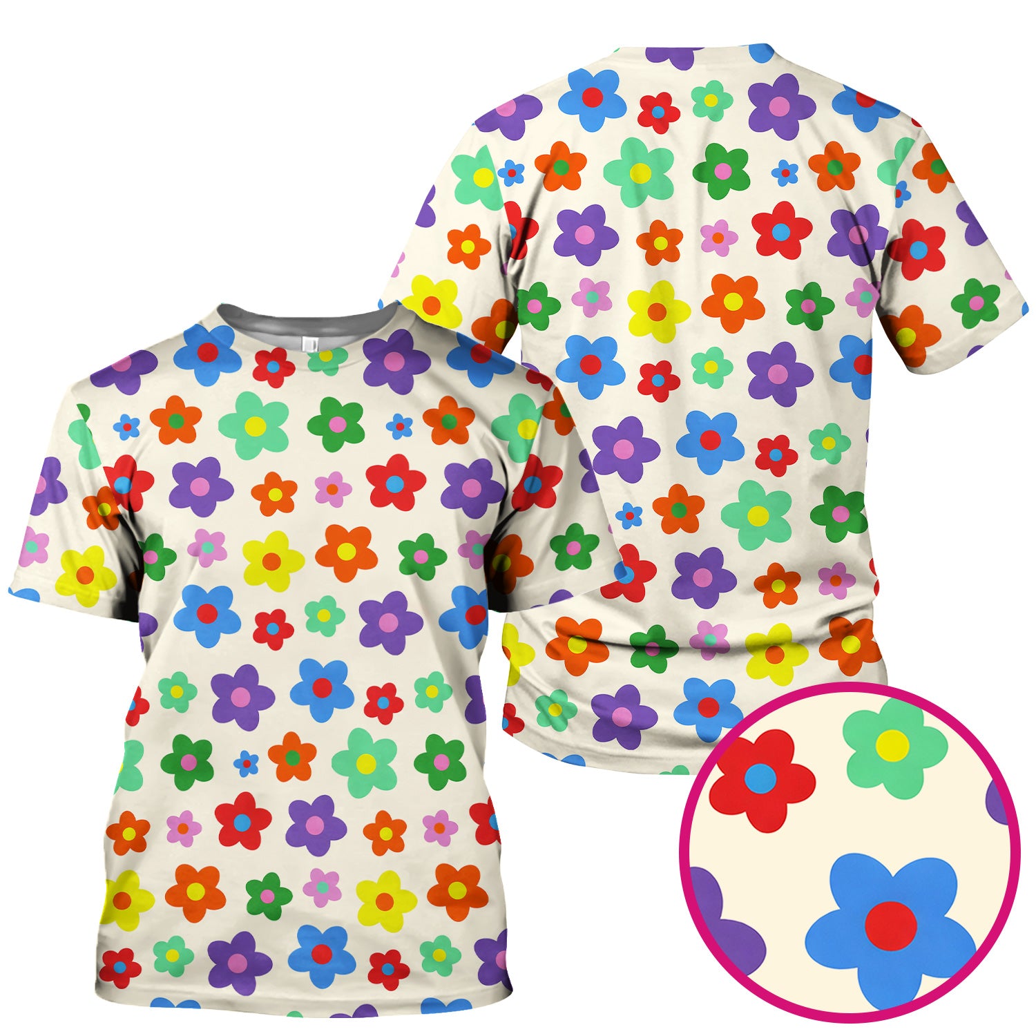 Colorful Retro Flower Pattern Print Scrub Top, Breathable Fabrics Nursing Uniform