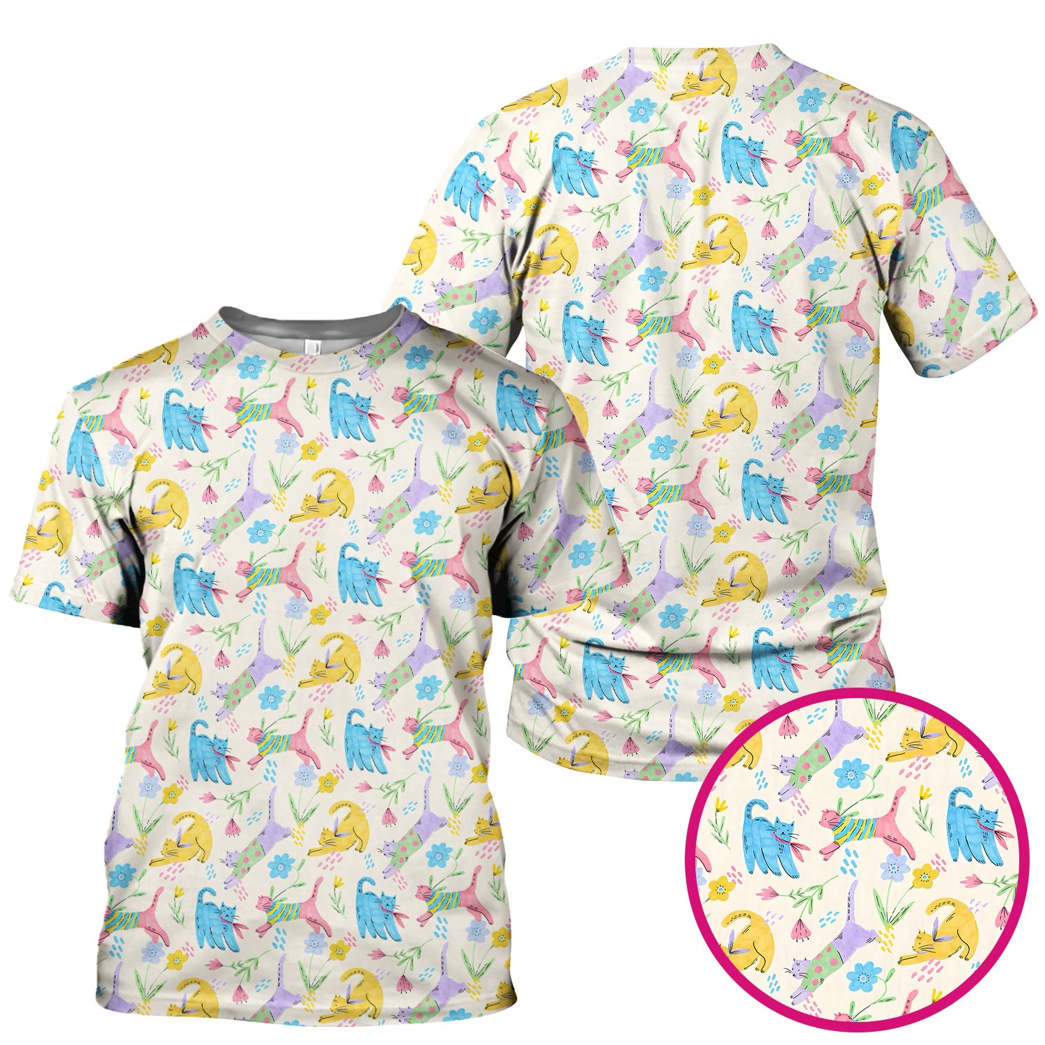 Cute Colorful Cat Floral Pattern Scrub Top, Comfortable Scrubs For Nurses