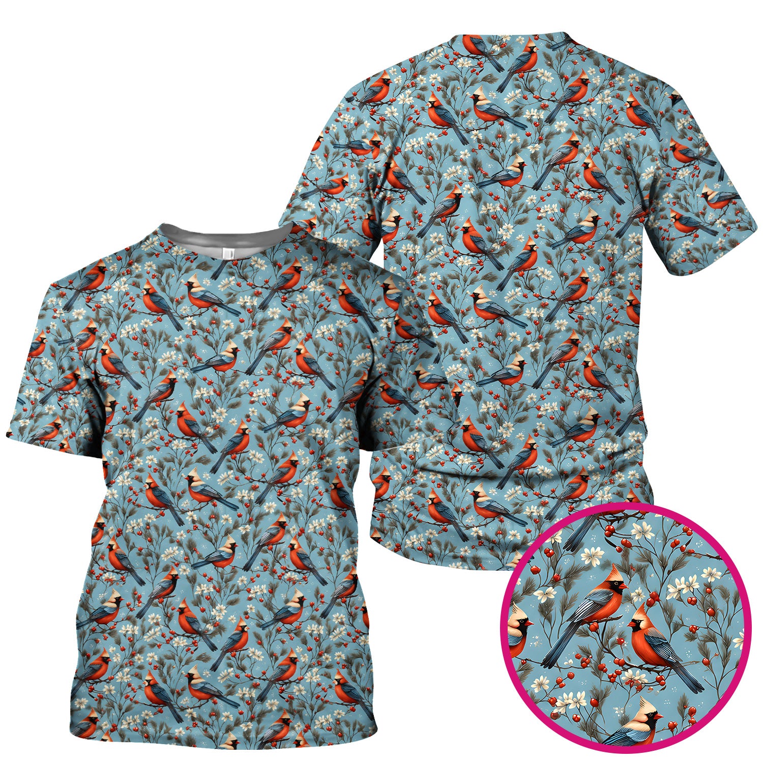 Cute Cardinal Berry Blossom Pattern Scrub Top, Comfortable Scrubs for Nurses