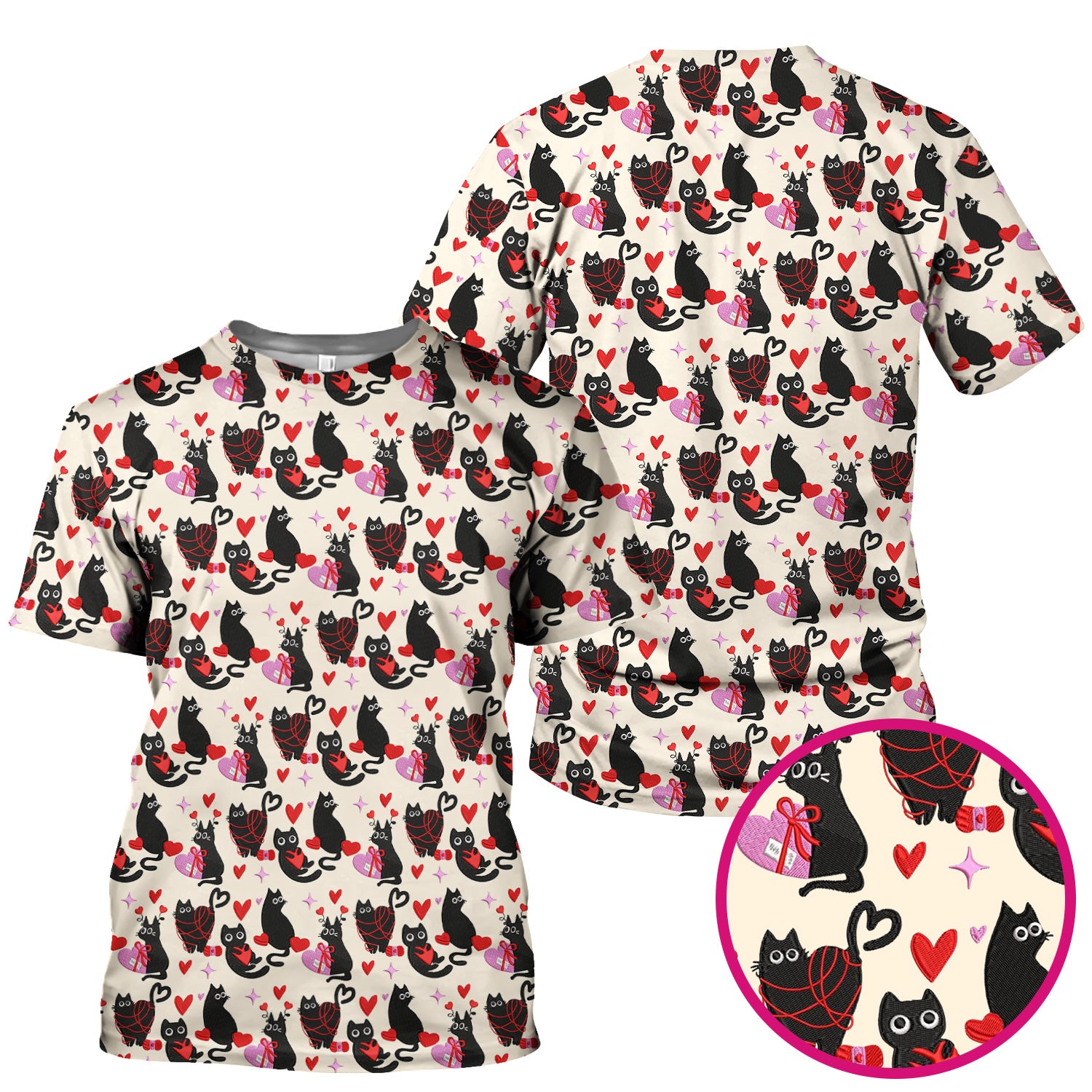 Valentine’s Day Scrub Top, Cute Black Cat With Heart Pattern Nurse Shirt, Breathable Fabrics Nursing Uniform