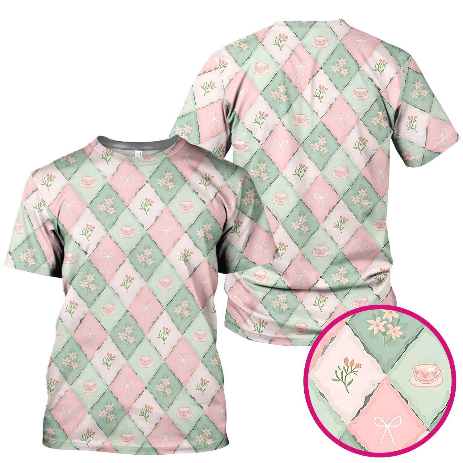 Flowers Tea Cups Pattern Scrubs Top, Comfortable Scrubs for Nurses