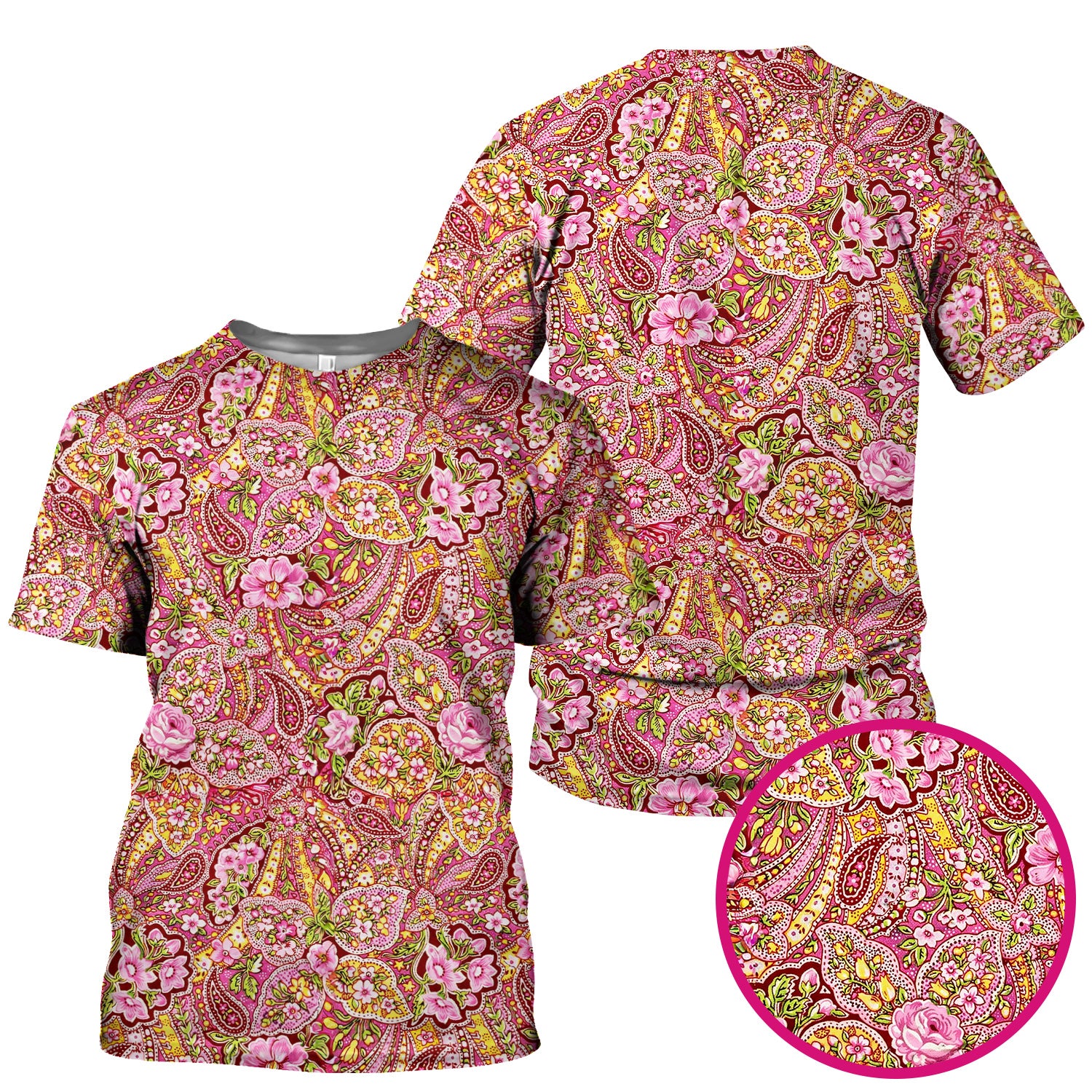 Pink Floral Paisley Blossom Print Scrub Top, Comfortable Scrubs for Nurses
