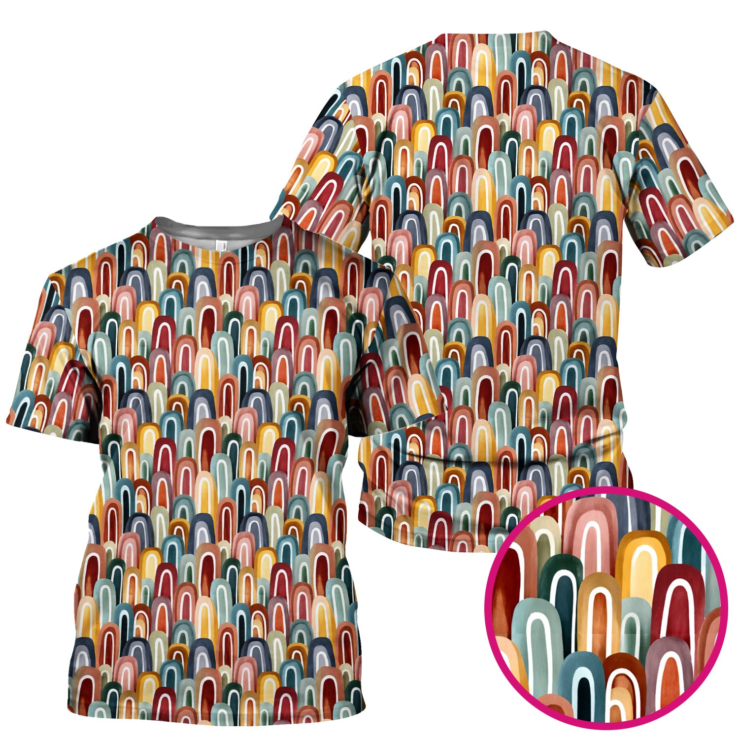 Retro Boho Rainbow Arch Pattern Scrub Top, Colorful Geometric Nursing Uniform for Women