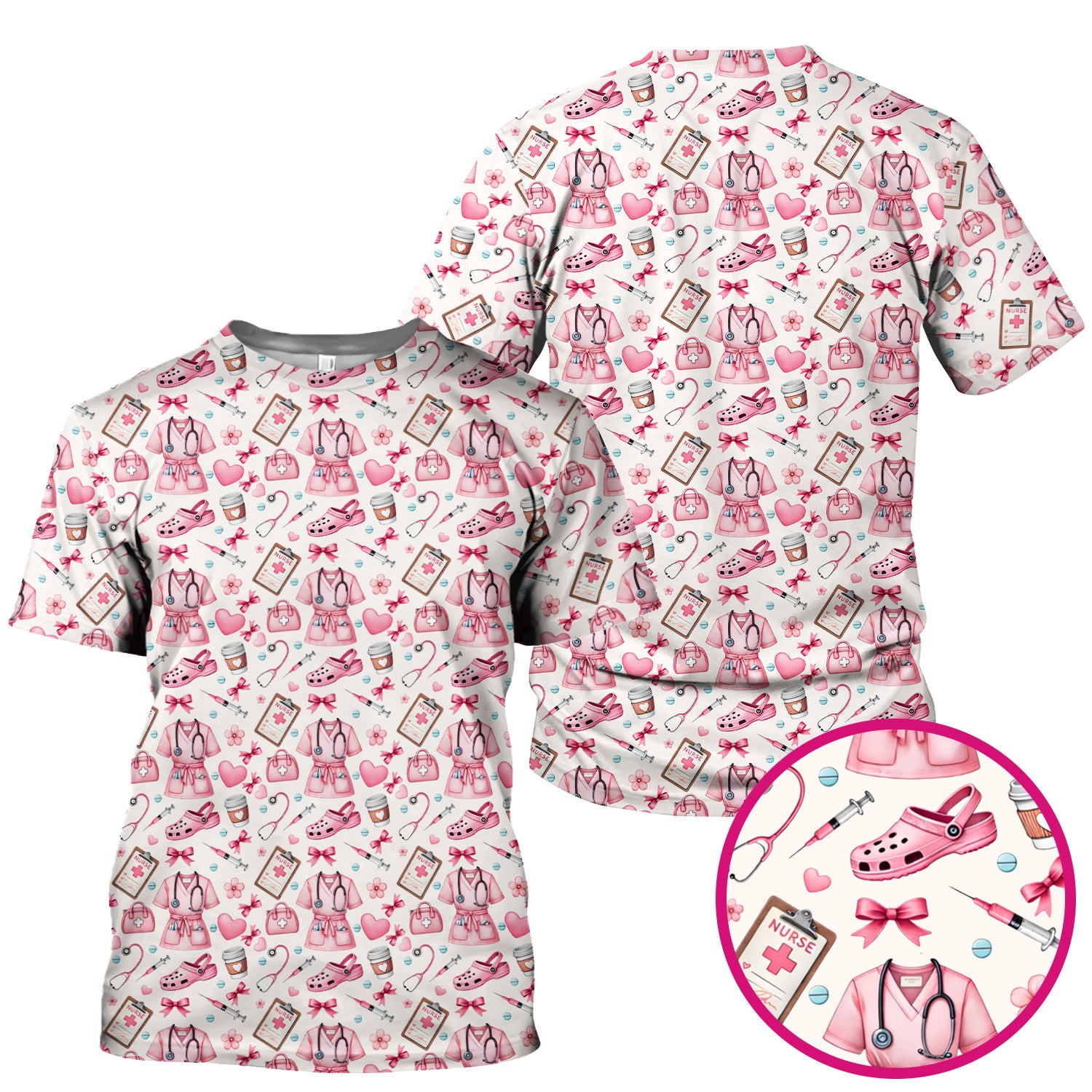 Valentine Pink Nurse Icons Print Scrub Top, Comfortable Scrubs for Nurses