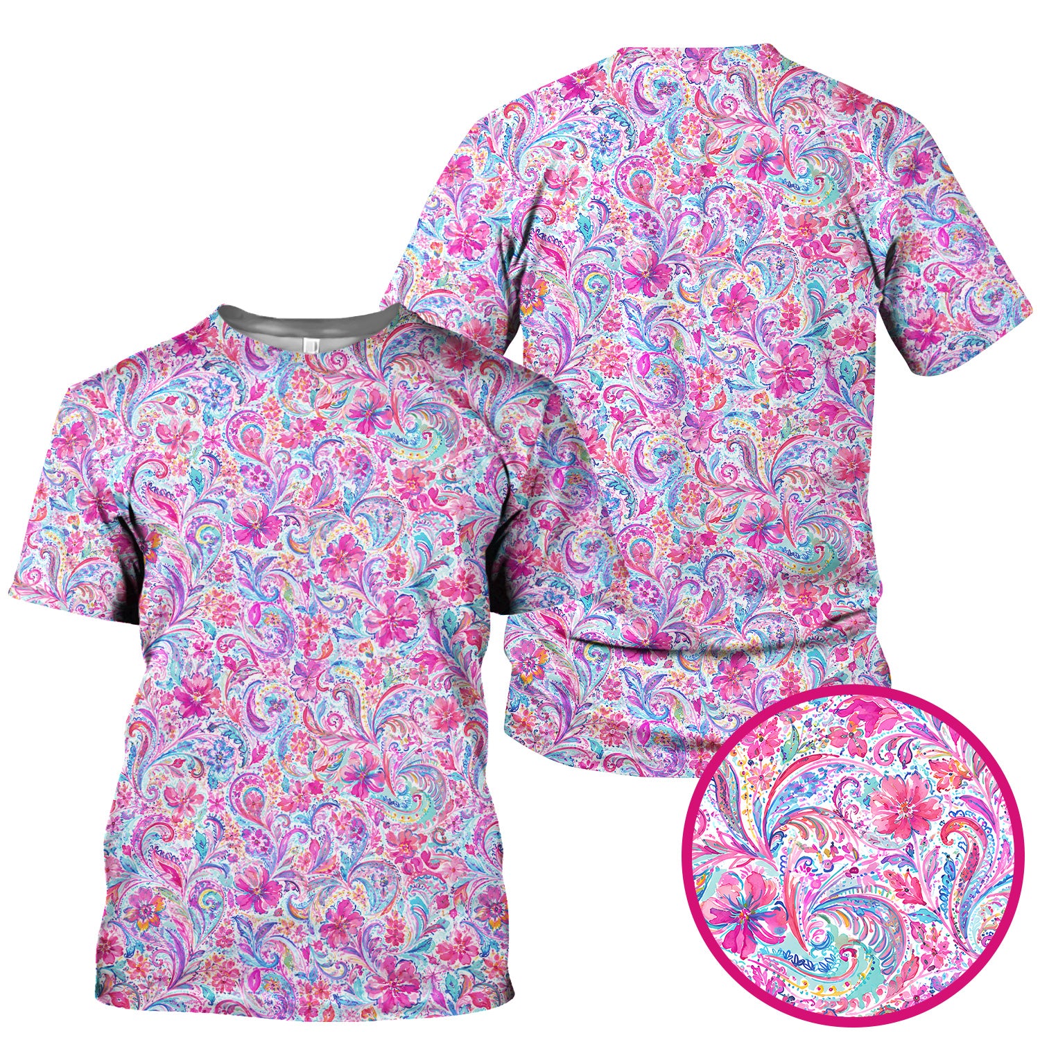 Elegant Pink Paisley Blossom Pattern Scrub Top, Comfortable Scrubs for Nurses