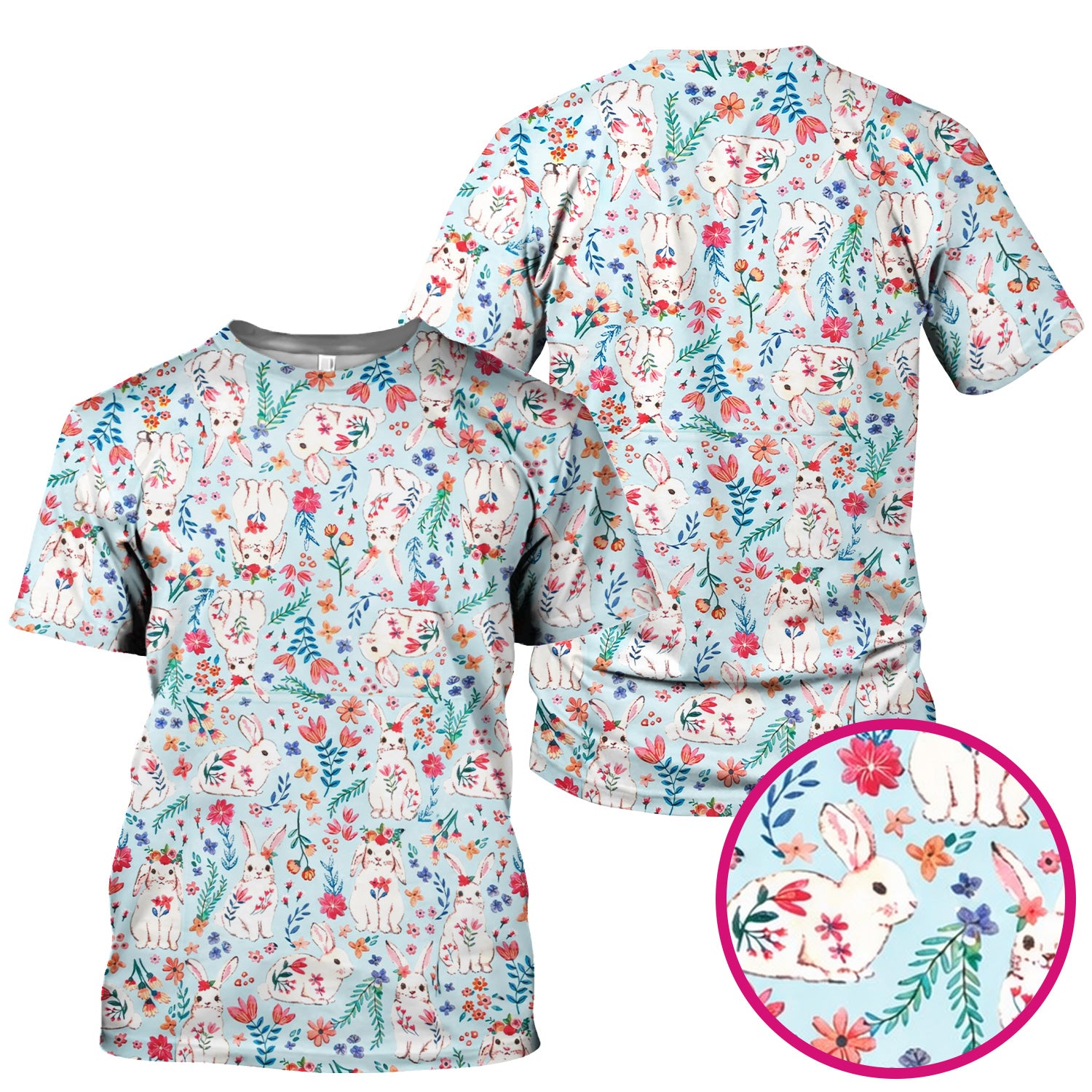 Springtime Bunny Floral Pattern Scrub Top, Breathable Fabric Scrubs for Nurses