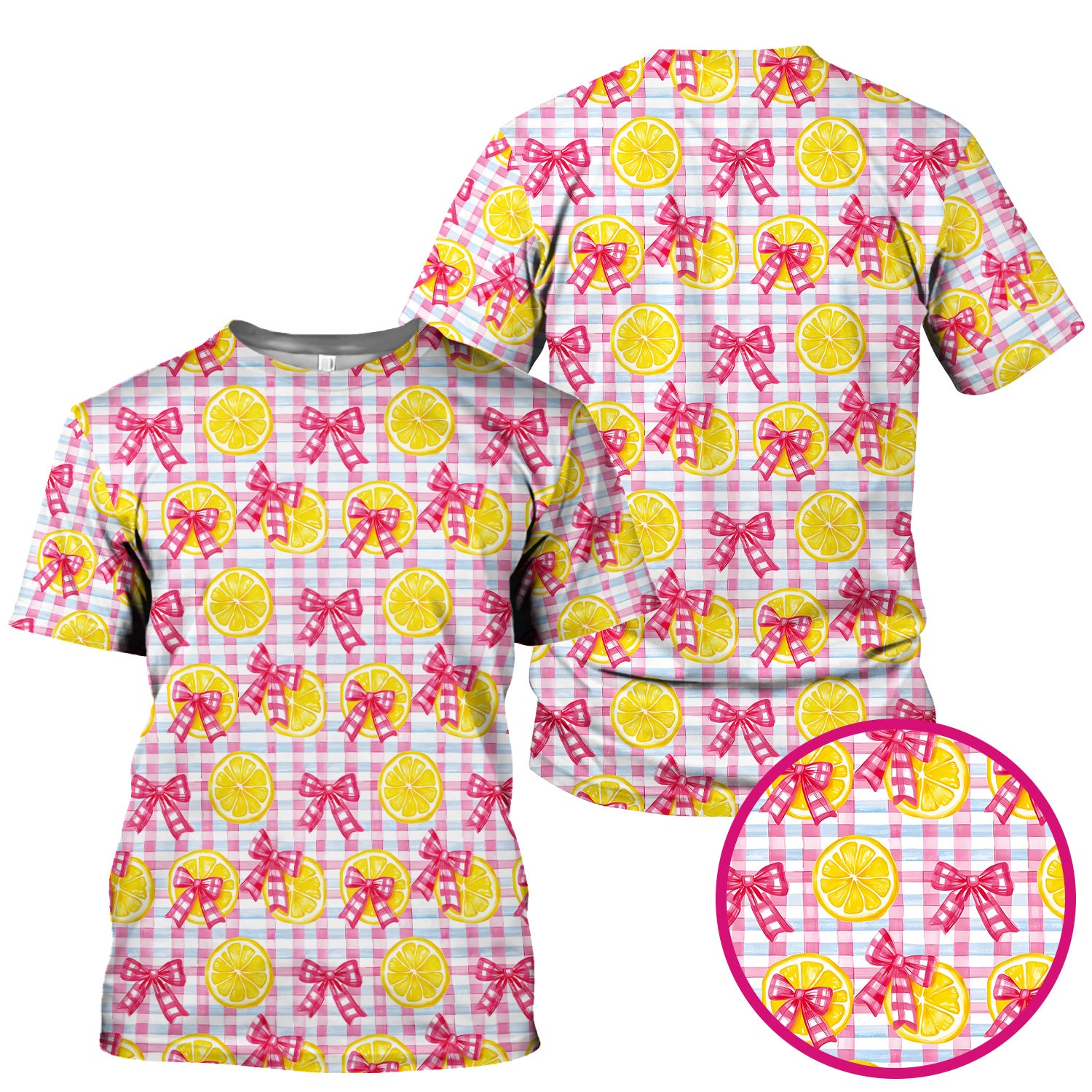 Cute Lemon Slice Pink Bow Gingham Pattern Scrub Top, Comfortable Scrubs for Nurses