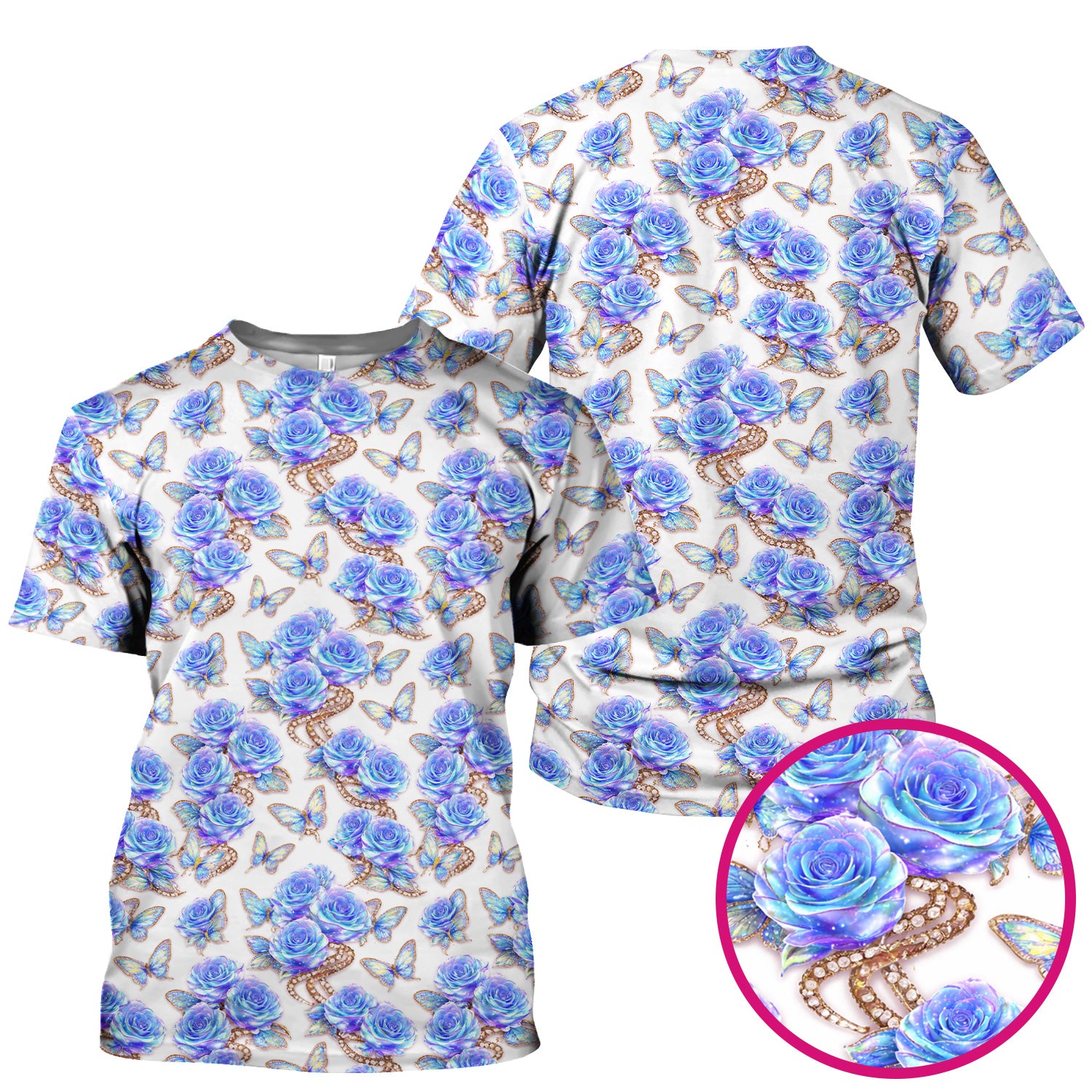 Elegant Blue Rose Floral Print Scrub Top, Soft & Breathable Nurse Scrubs