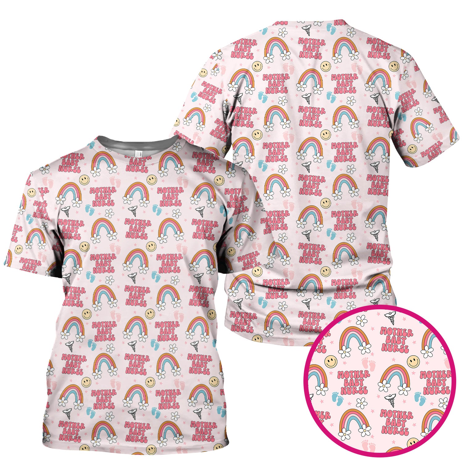 Sweet Mother Baby Nurse Rainbow Pattern Scrub Top, Comfortable Scrubs for Nurses