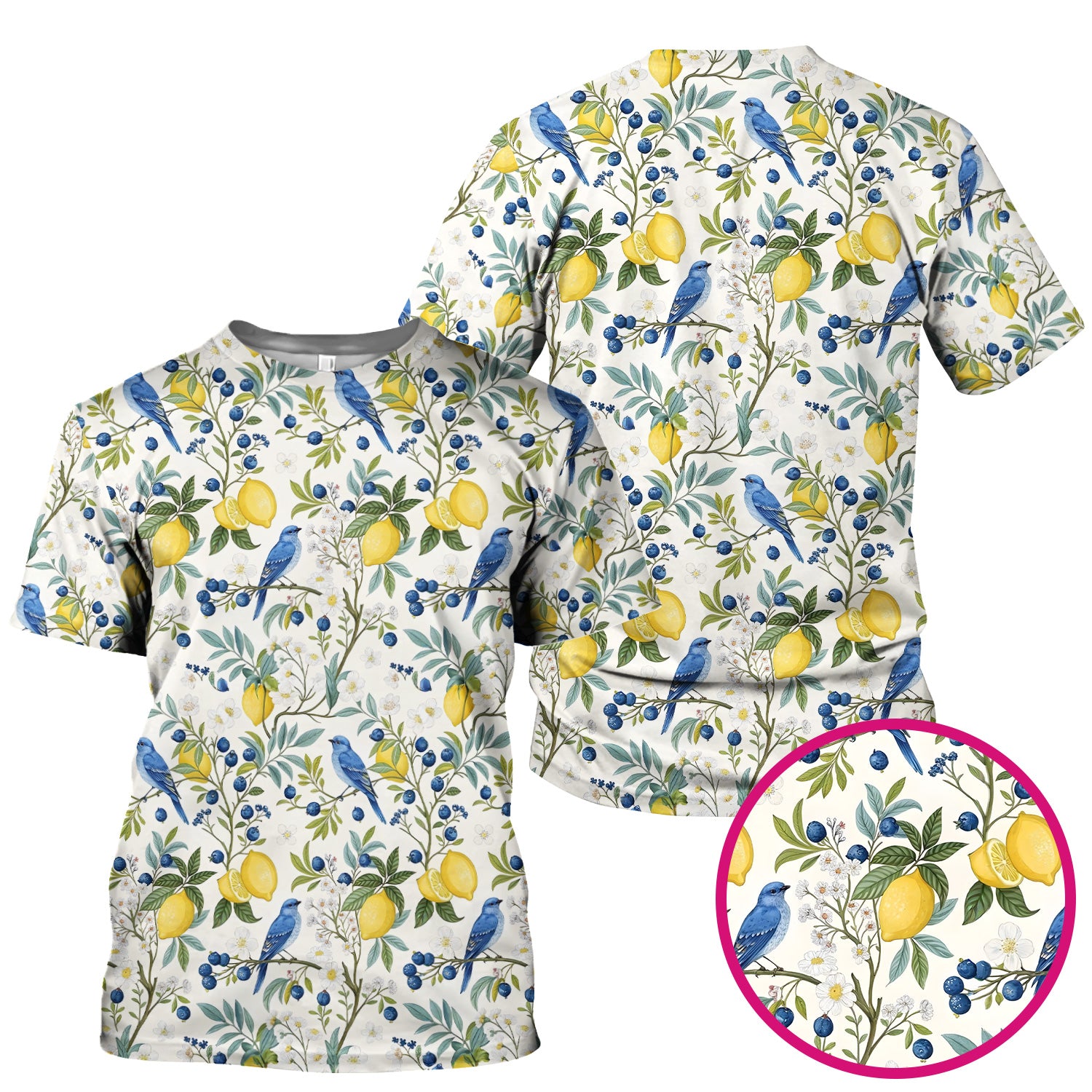Cute Bluebird Lemon Berry Pattern Scrub Top, Comfortable Scrubs for Nurses