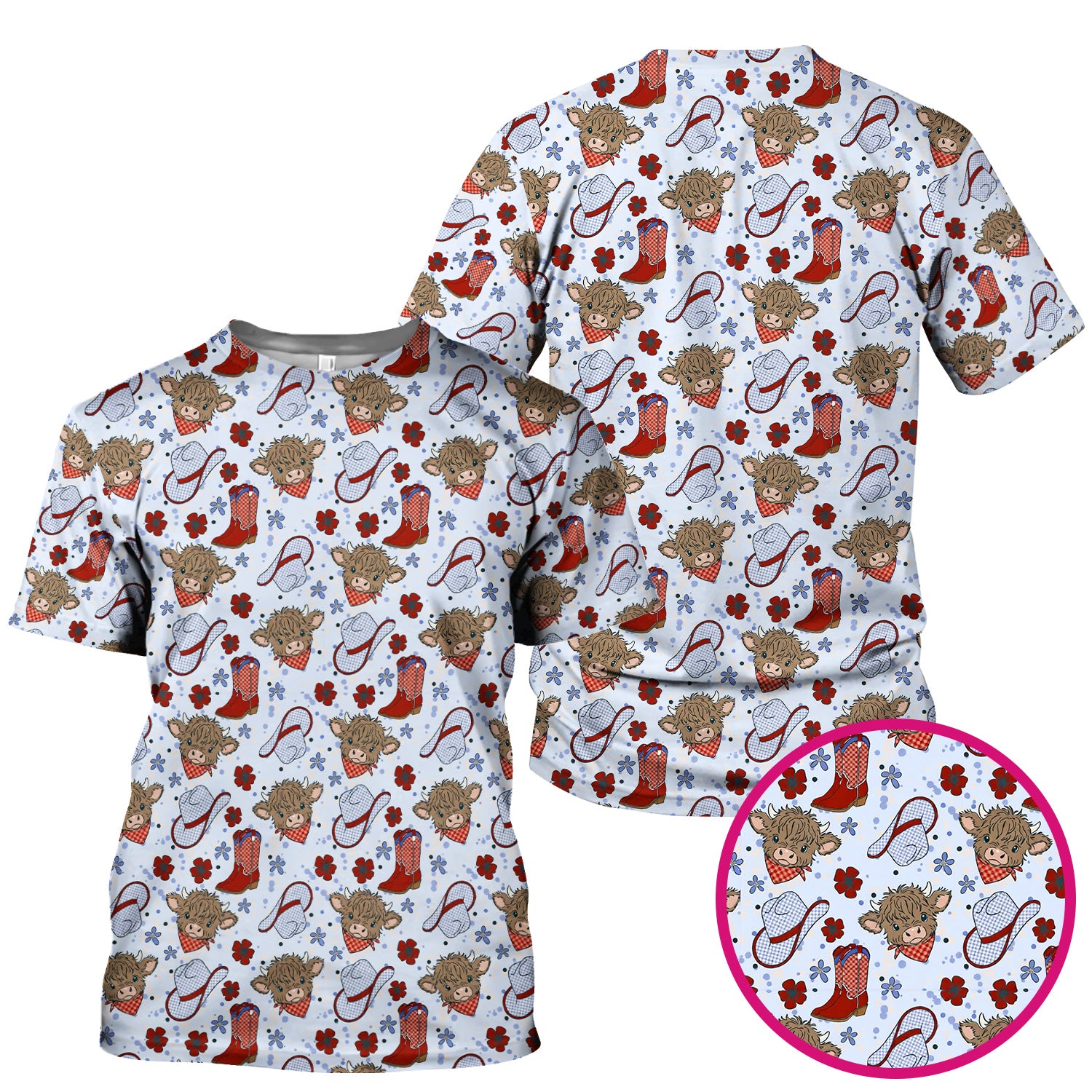 Cute Highland Cow Cowboy Boots Pattern Scrub Top, Comfortable Scrubs for Nurses