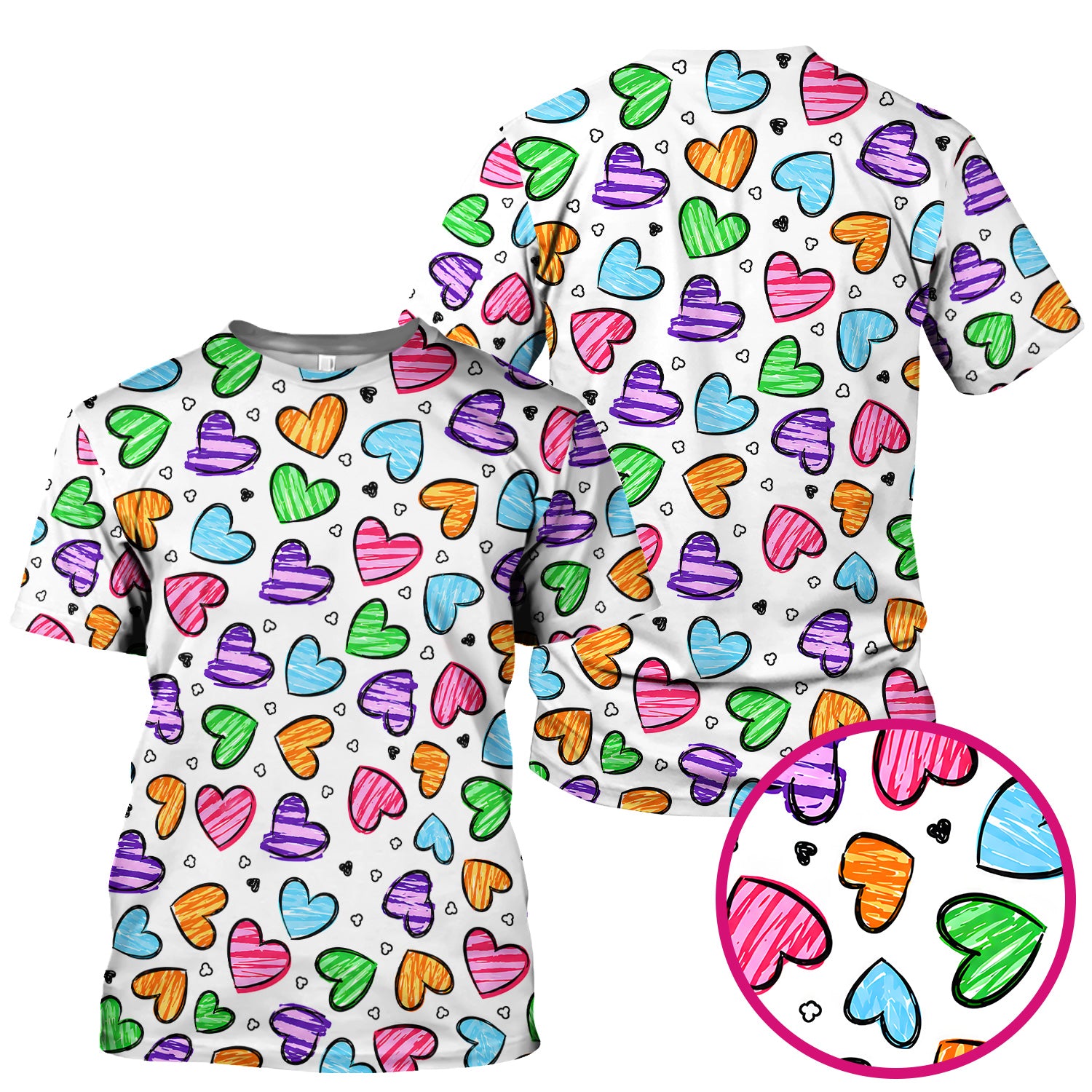 Colorful Doodle Heart Pattern Scrub Top, Comfortable Scrubs for Nurses