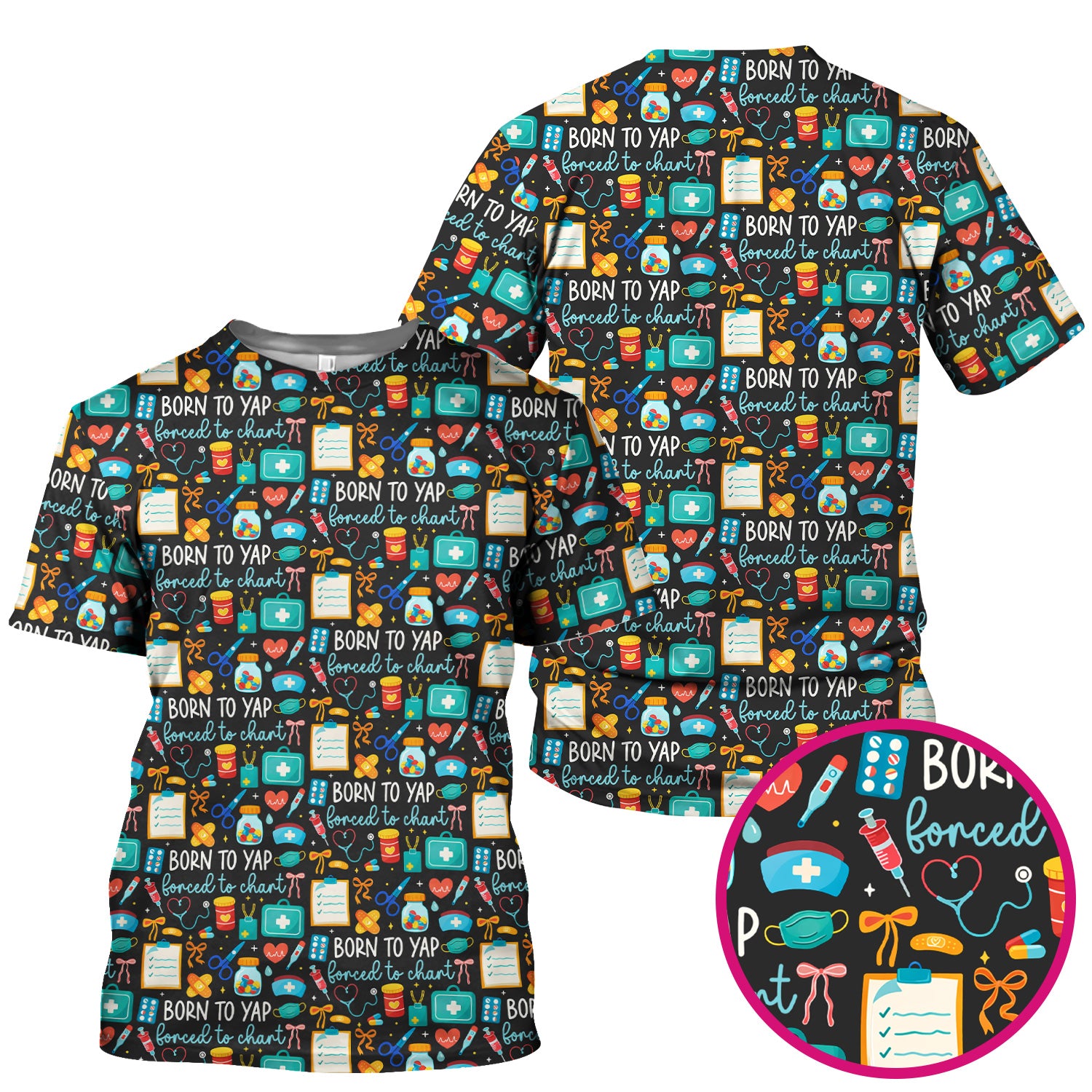 Born To Yap Medical Tools Pattern Scrub Top, Comfortable Scrubs for Nurses