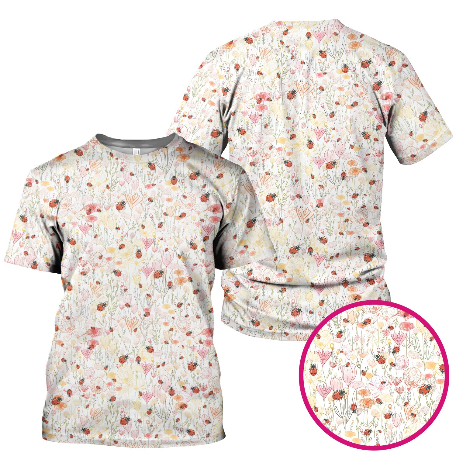 Cute Nurse Wildflower Ladybug Garden Pattern Scrub Top, Comfortable Scrubs for Nurses