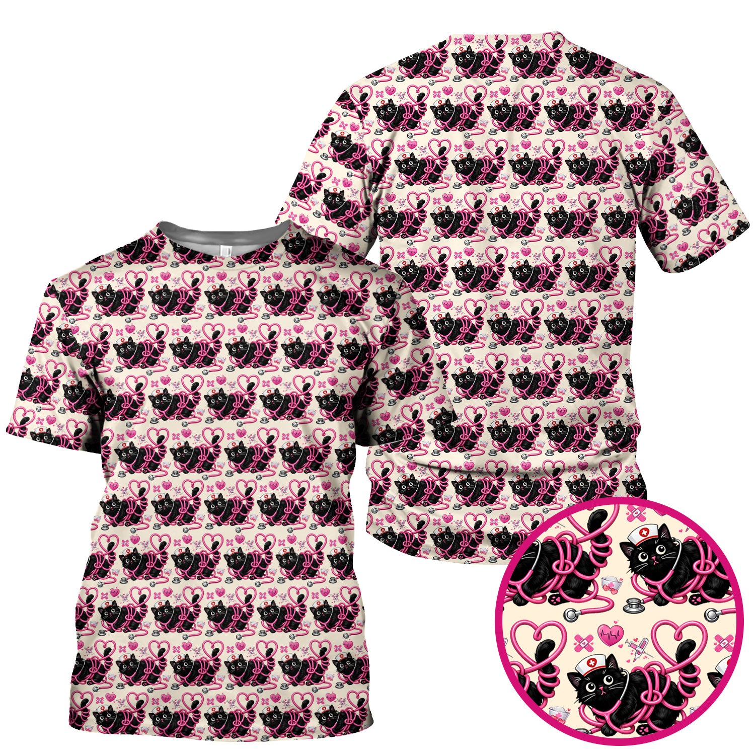 Valentine Cute Cat Nurse Heart Print Scrub Top, Comfortable Scrubs for Nurses