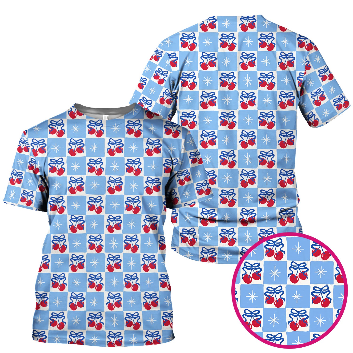 Cute Cherry Bow With Blue Gingham Check Pattern Scrub Top, Comfortable Scrubs for Nurses