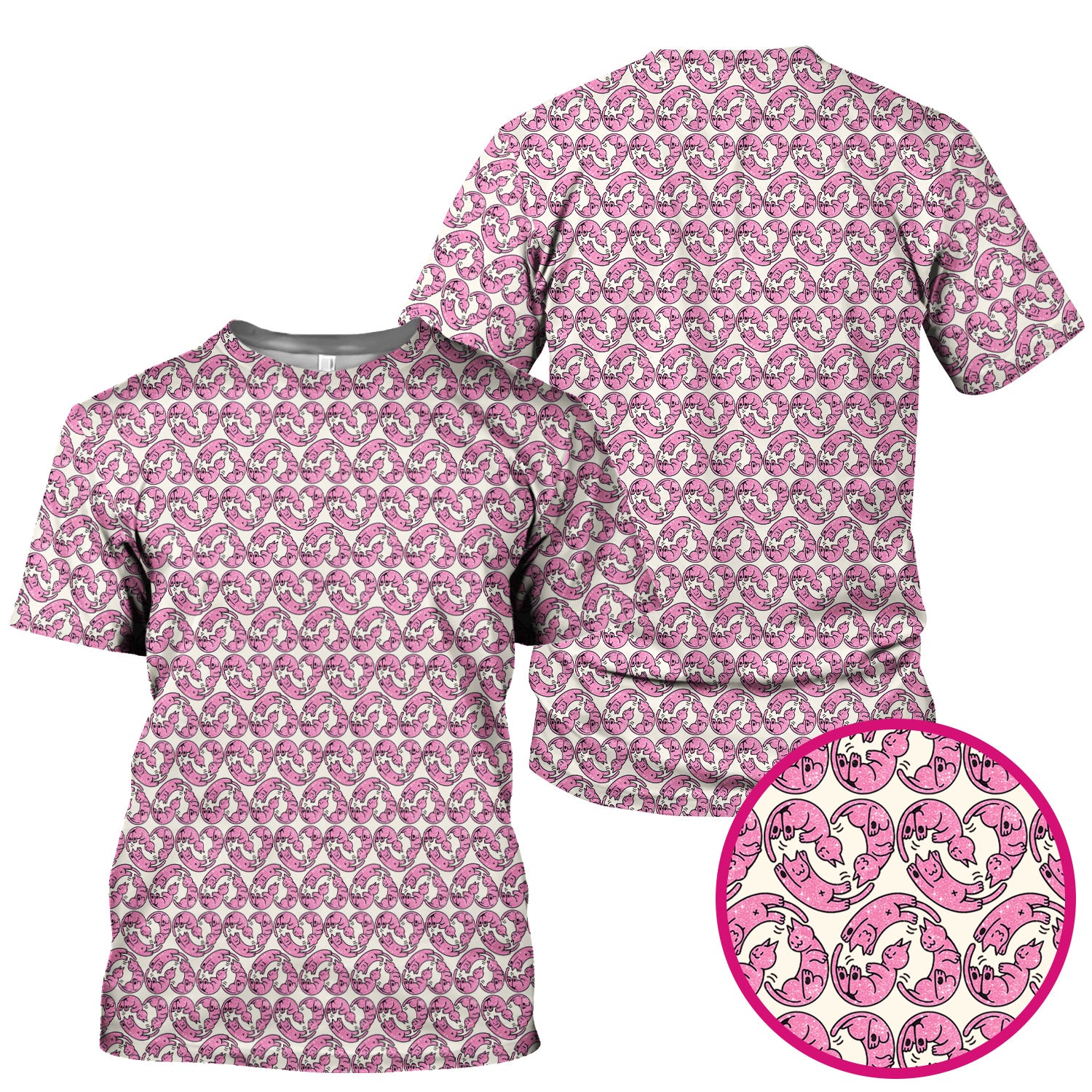 Cute Pink Cat Cartoon Pattern Scrub Top, Comfortable Scrubs for Nurses