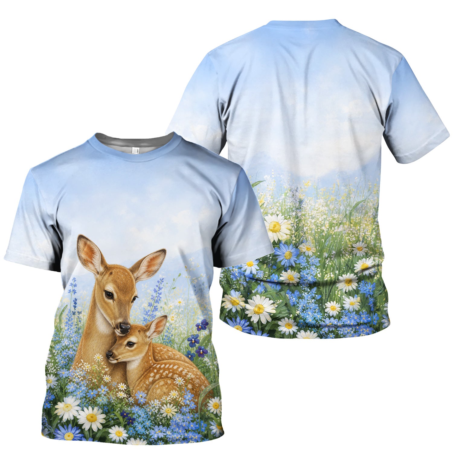 Cute Deer Mother Baby With Meadow Pattern Scrub Top, Comfortable Scrubs for Nurses
