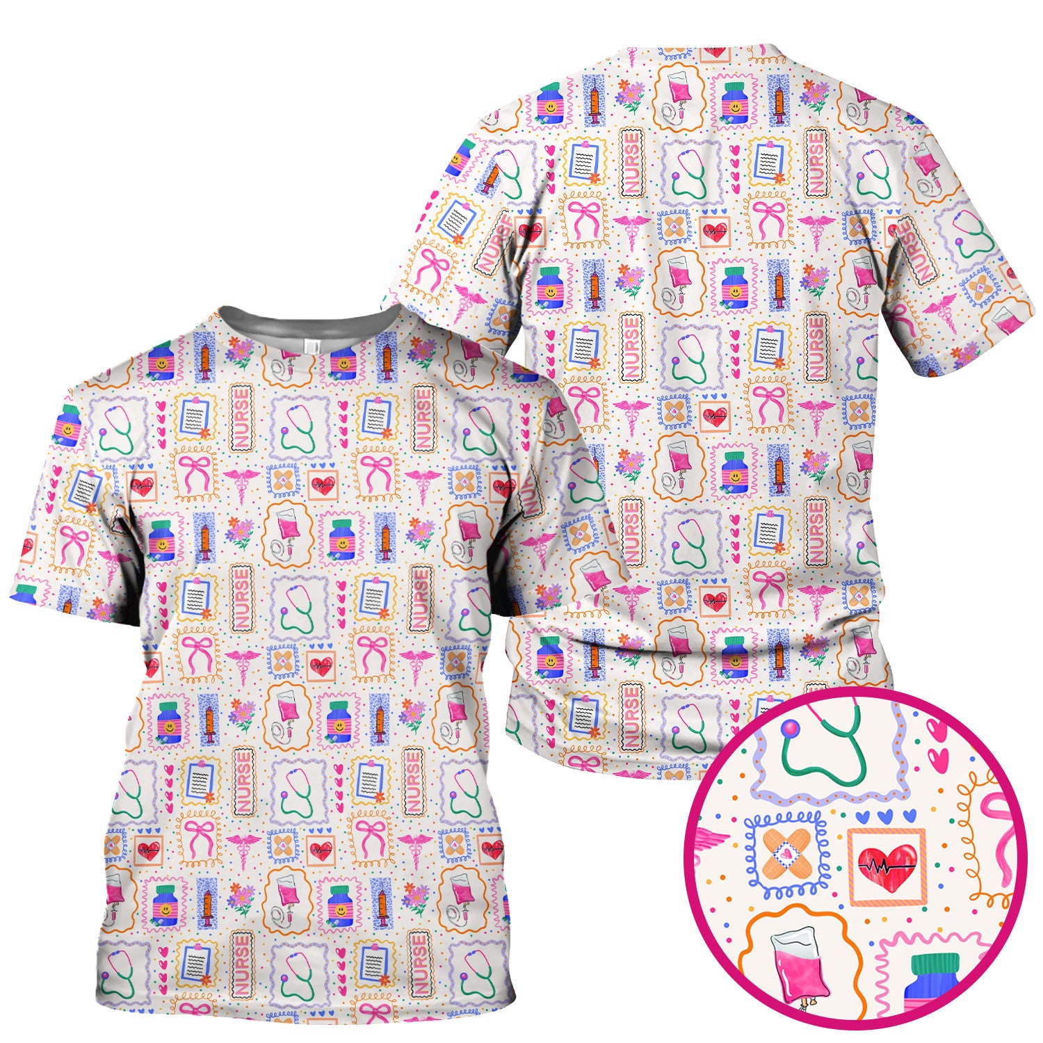 Colorful Nurse Medical Icon Pattern Scrub Top, Comfortable Scrubs for Nurses