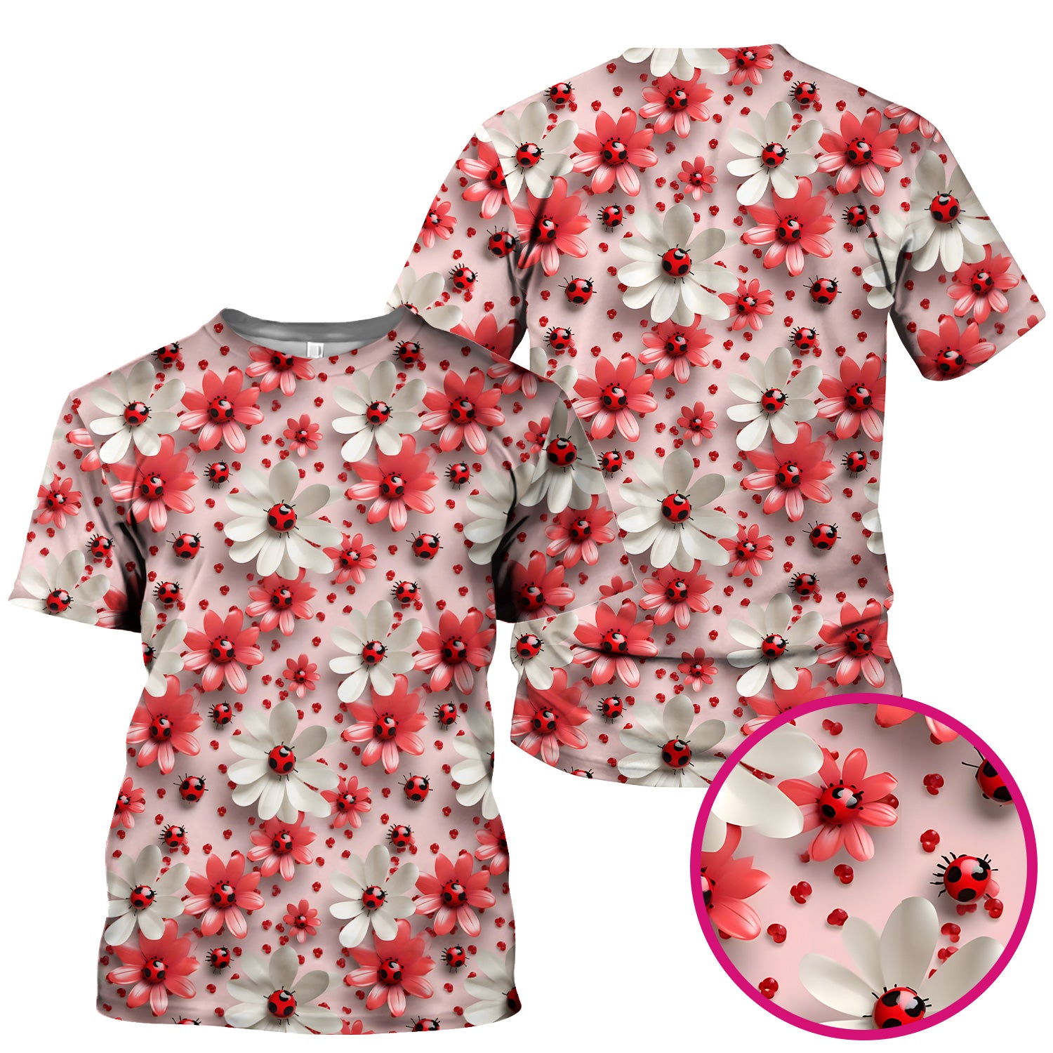 Red Ladybug Flower Pattern Scrub Top, Cute Spring Floral Nursing Uniform for Women