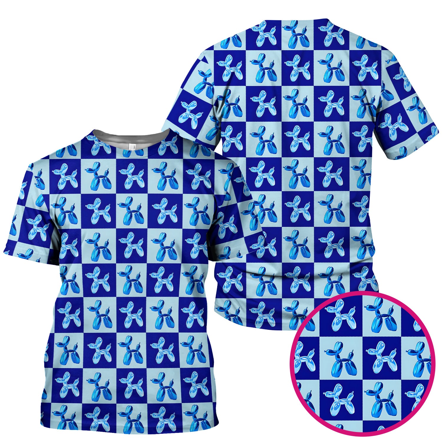 Cute Blue Balloon Dog Checkered Pattern Scrub Top, Breathable Fabrics Nursing Uniform