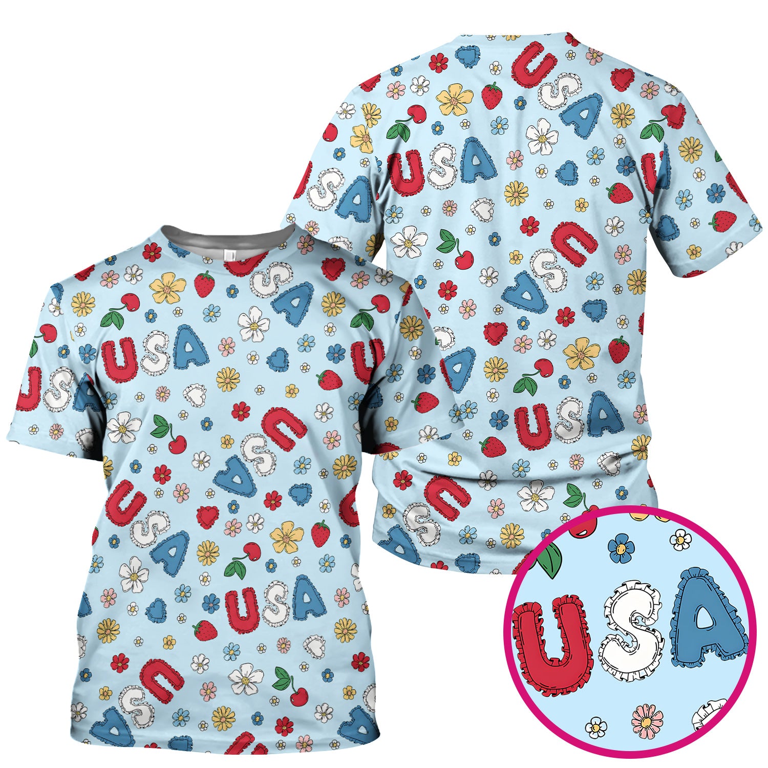 USA Cherry Strawberry Floral Patch Pattern Scrub Top, Comfortable Scrubs for Nurses