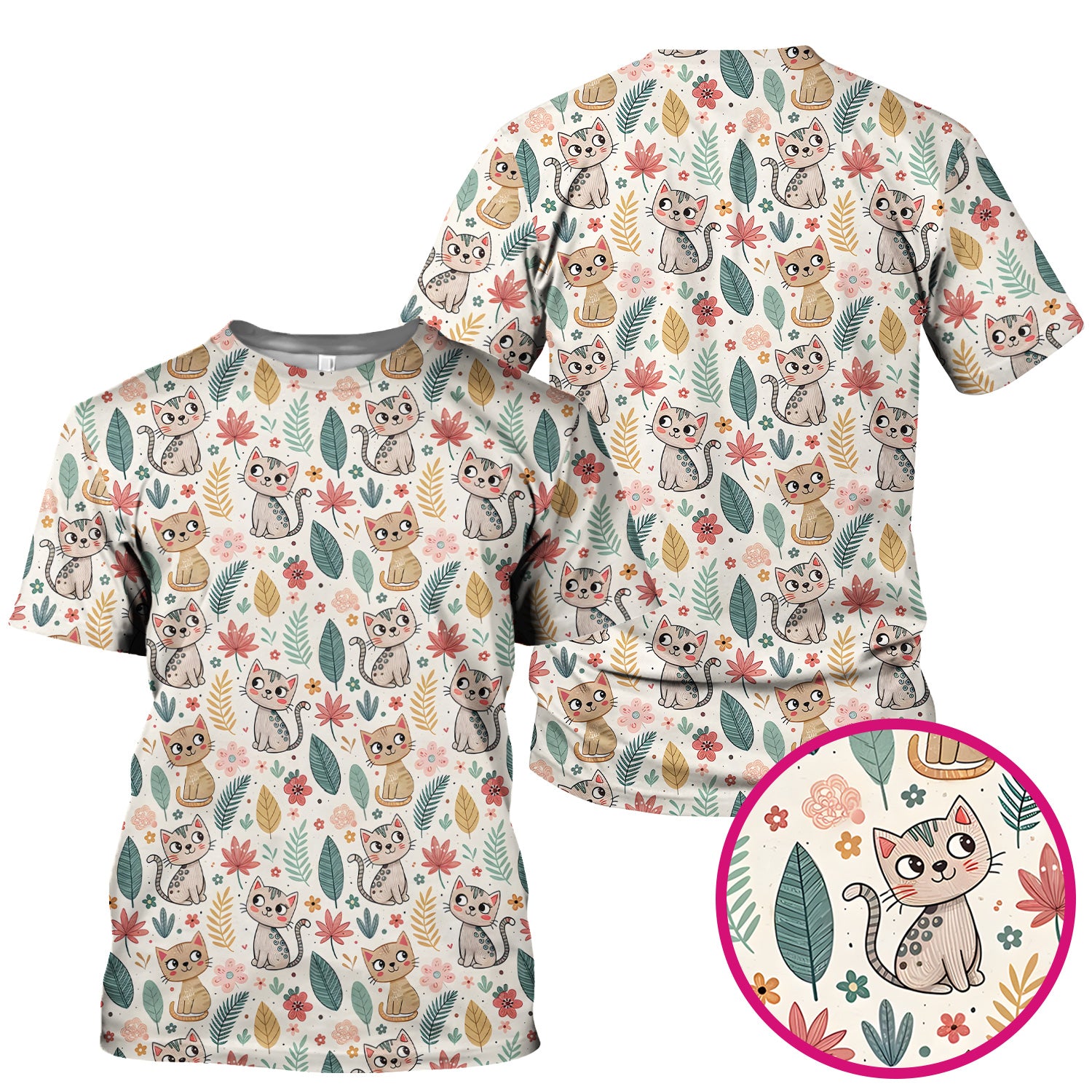 Cute Cartoon Cat Floral Leaf Pattern Scrub Top, Kawaii Kitty Nursing Uniform for Women