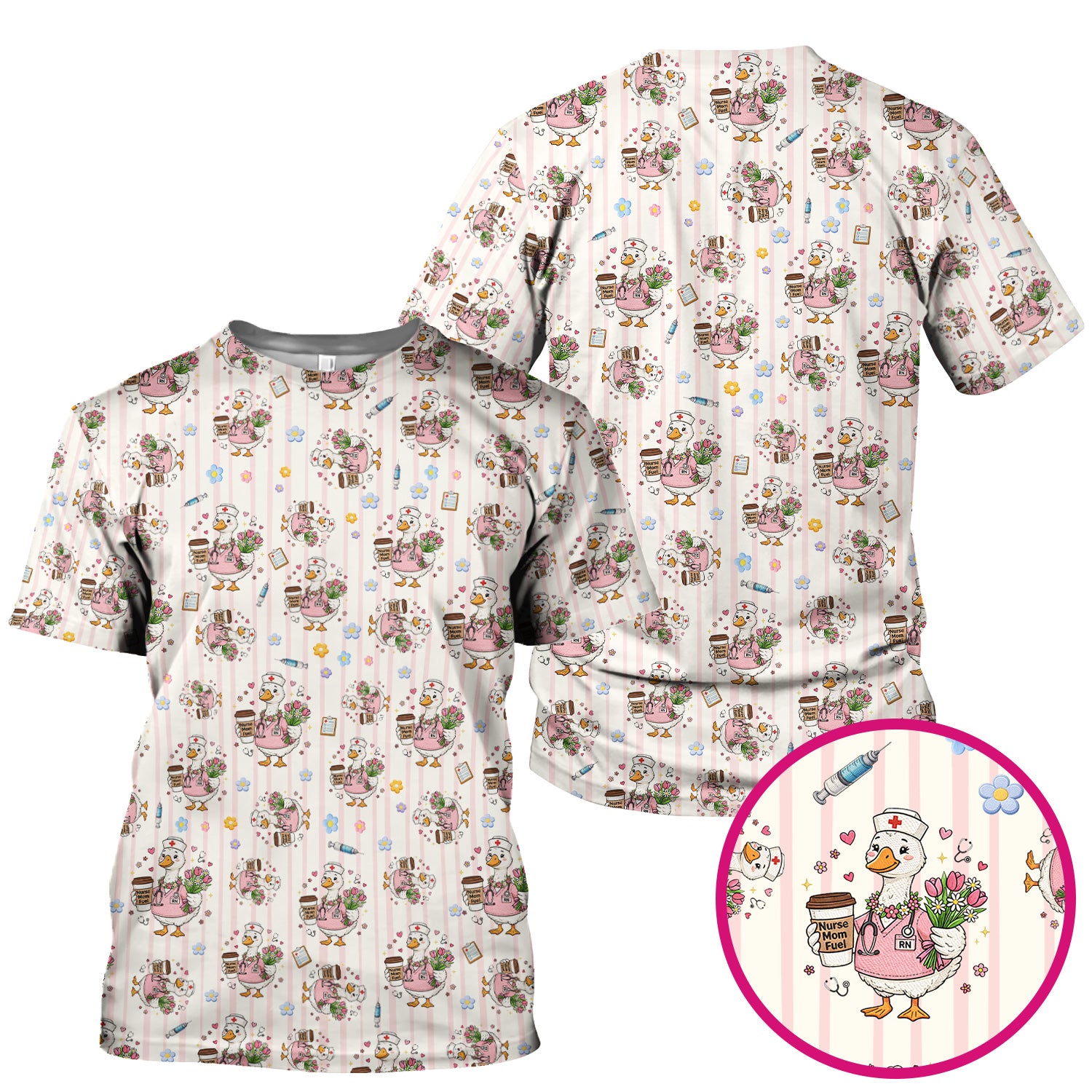 Cartoon Nurse Goose Pattern Scrub Top, Comfortable Scrubs for Nurses