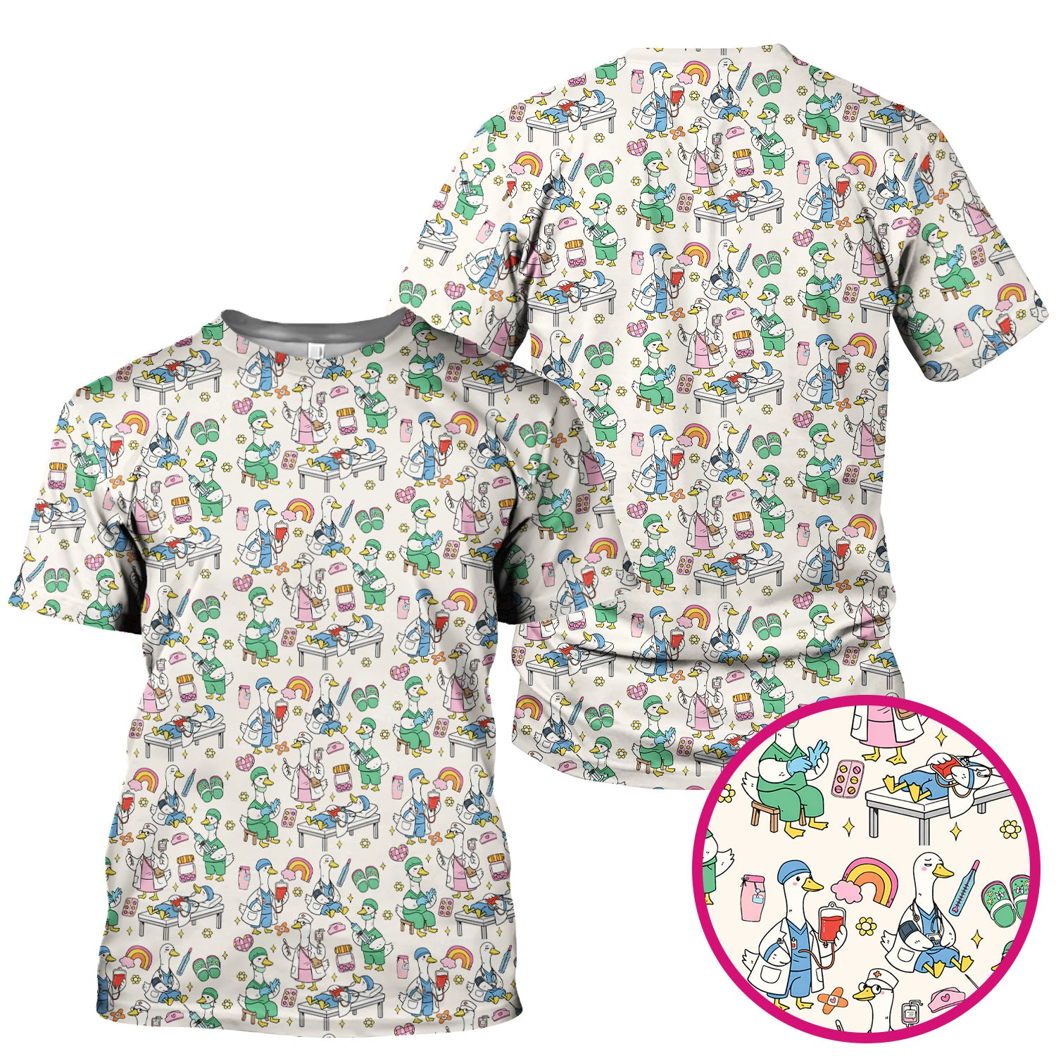 Funny Nurse Duck Medical Doodle Pattern Scrub Top, Comfortable Nurse Workwear Top