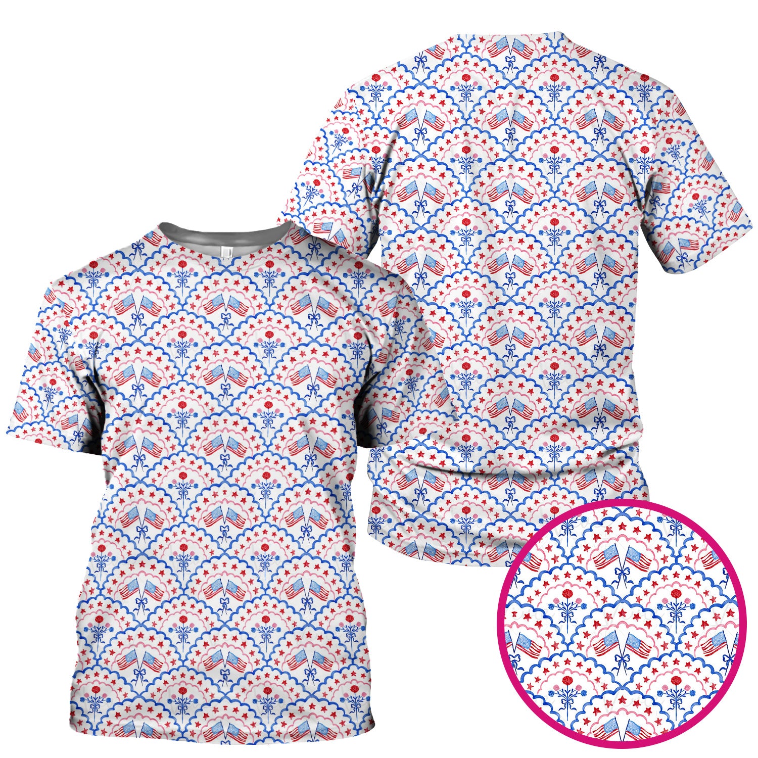 Patriotic Scallop Star Flag Floral Pattern Scrub Top, Comfortable Scrubs for Nurses