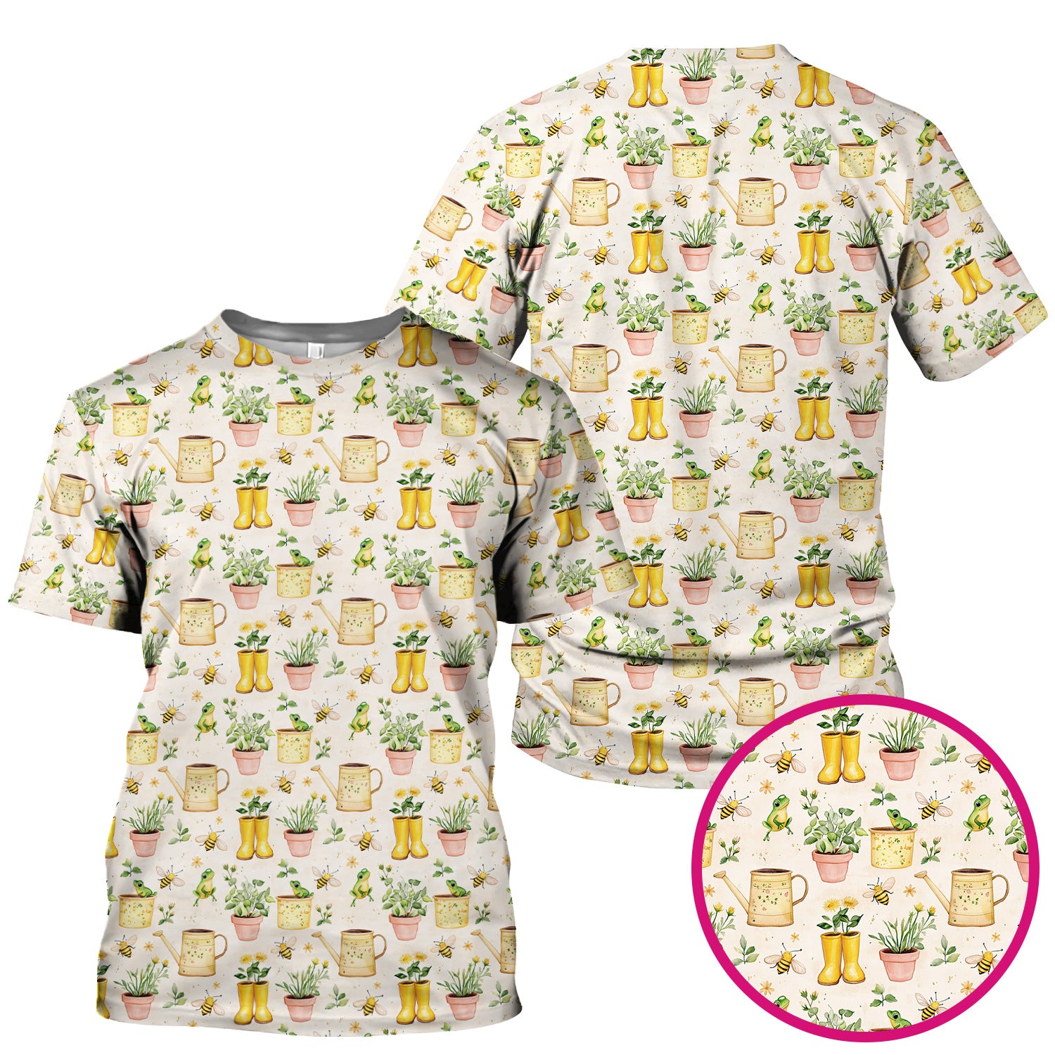 Cute Nurse Frog And Bee Garden Pattern Scrub Top, Breathable Fabrics Nursing Uniform