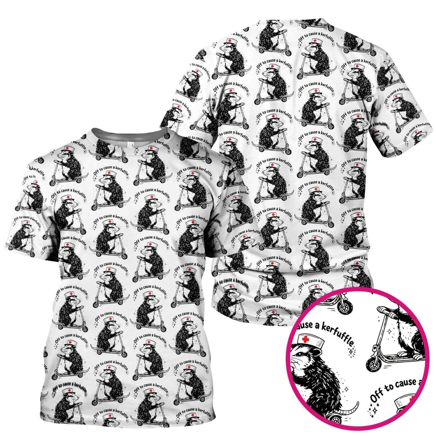 Funny Opossum Nurse Riding Scooter Pattern Scrubs Top, Breathable Fabrics Nursing Uniform