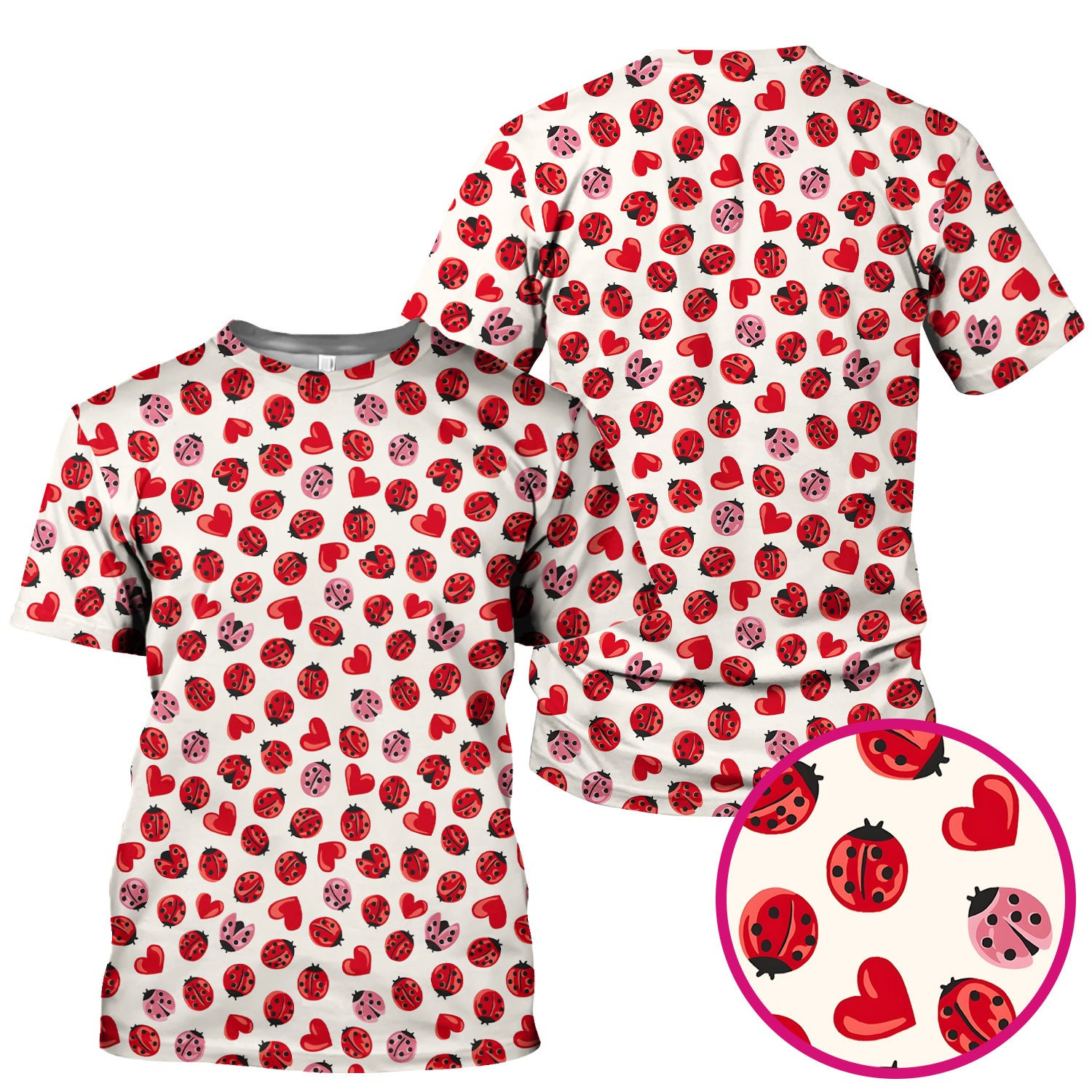 Cute Ladybug and Red Heart All Over Print Scrub Top, Comfortable Scrubs for Nurses