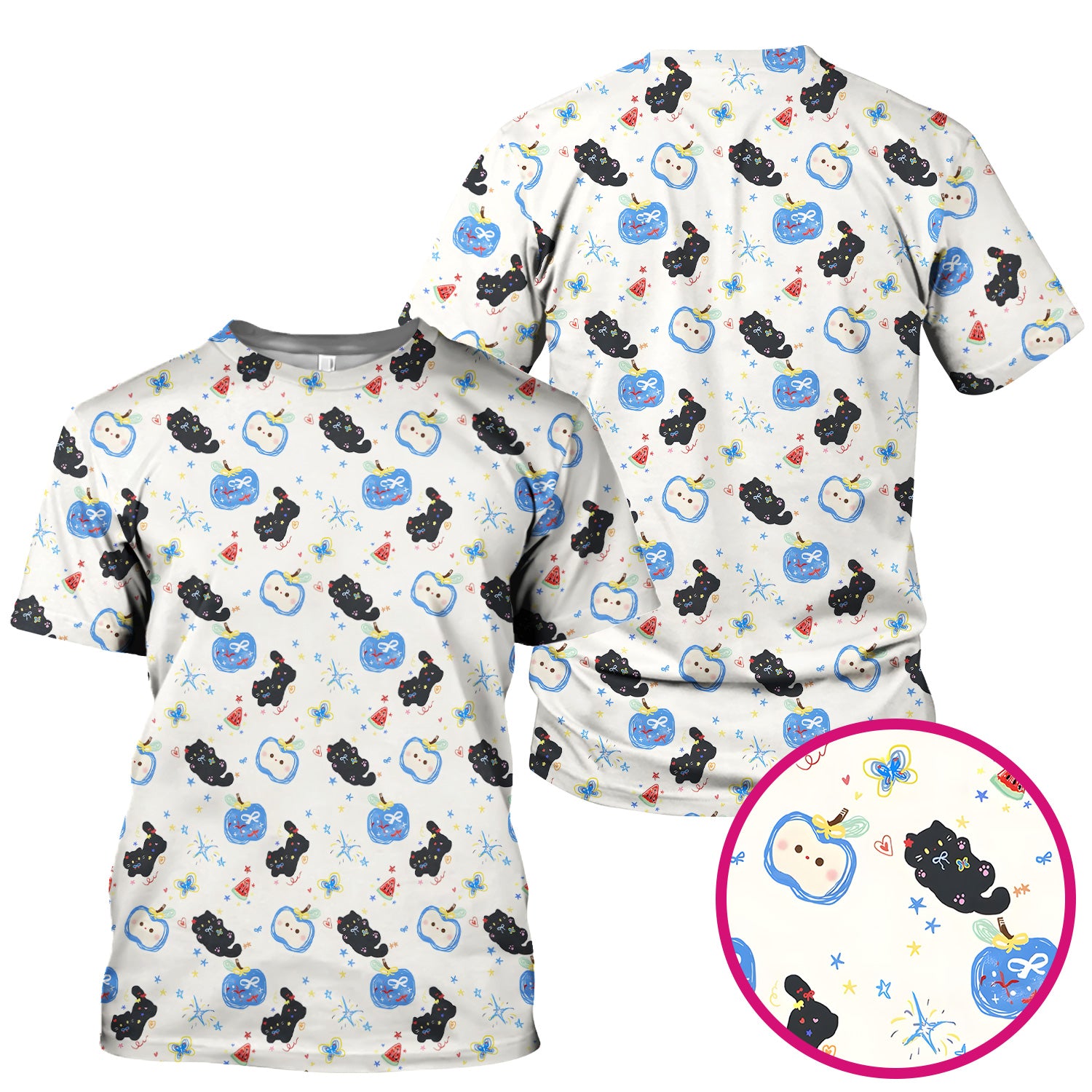 Cute Black Cat and Apple Print V Neck Scrub Top for Nurses