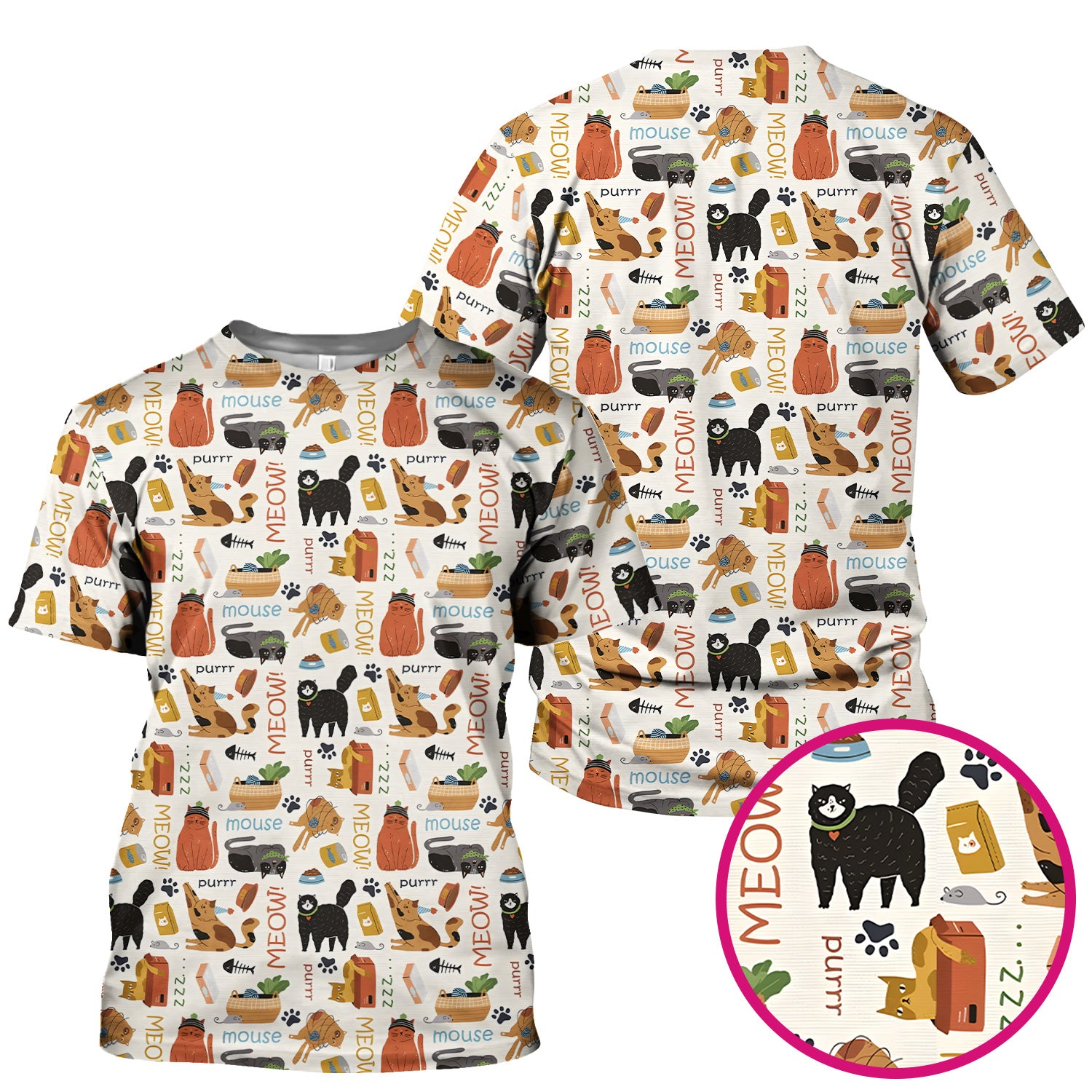 Meow Purr Cat Life Print Scrub Top, Comfortable Scrubs for Nurses