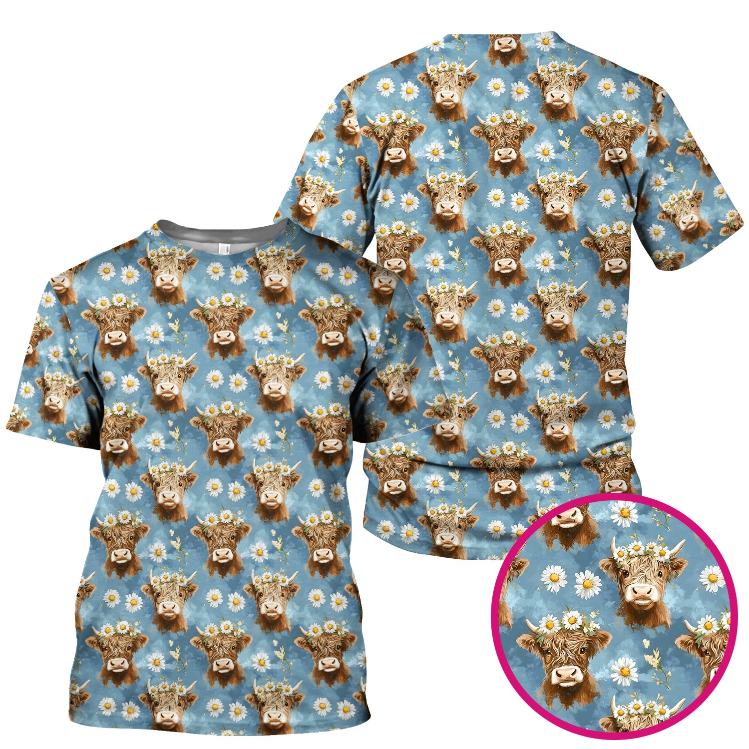 Highland Cow Daisy Flower Pattern Scrub Top, Comfortable Scrubs for Nurses