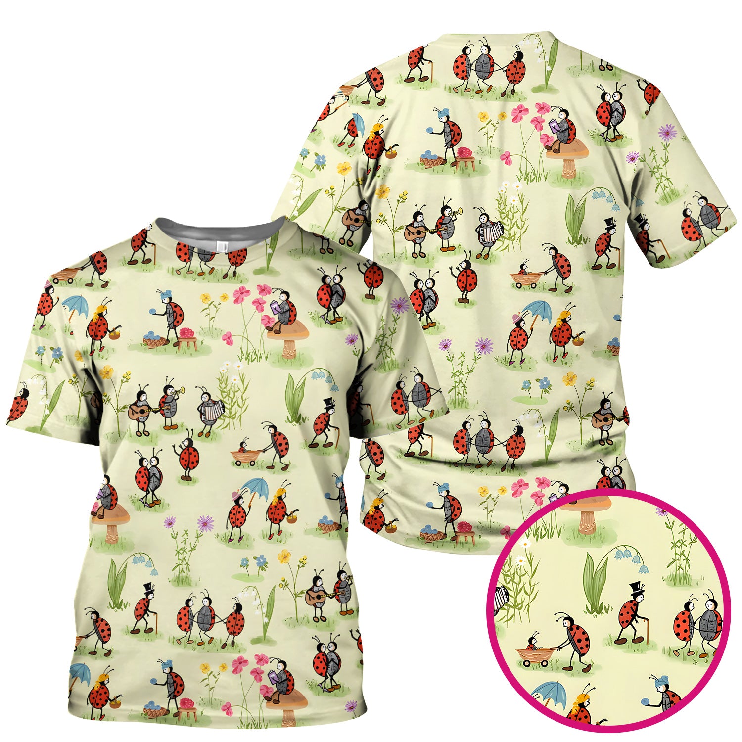 Whimsical Ladybug Garden Activity Pattern Scrub Top, Comfortable Scrubs For Nurses
