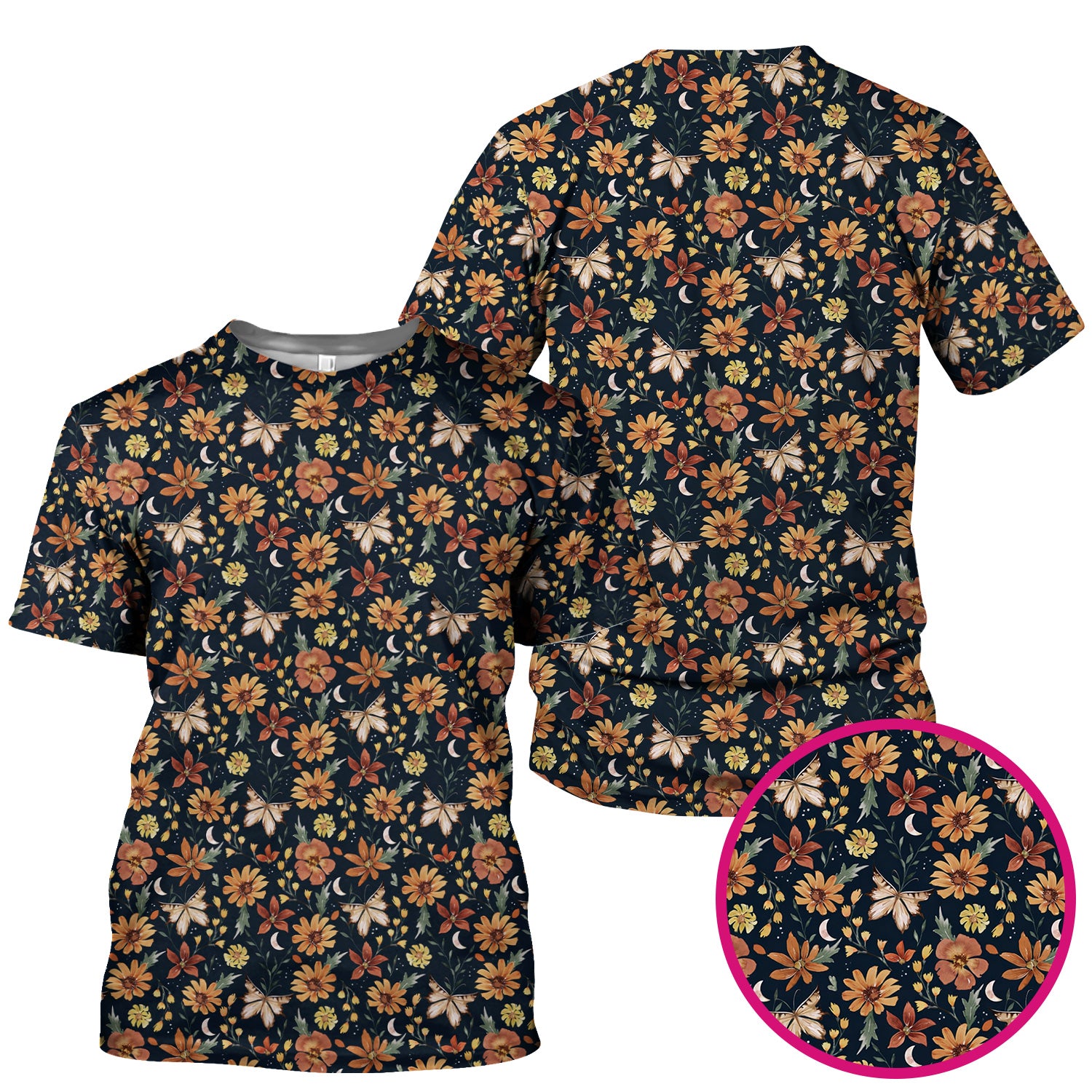 Charming Autumn Floral Butterfly Moon Pattern Scrub Top, Breathable Fabrics Nursing Uniform