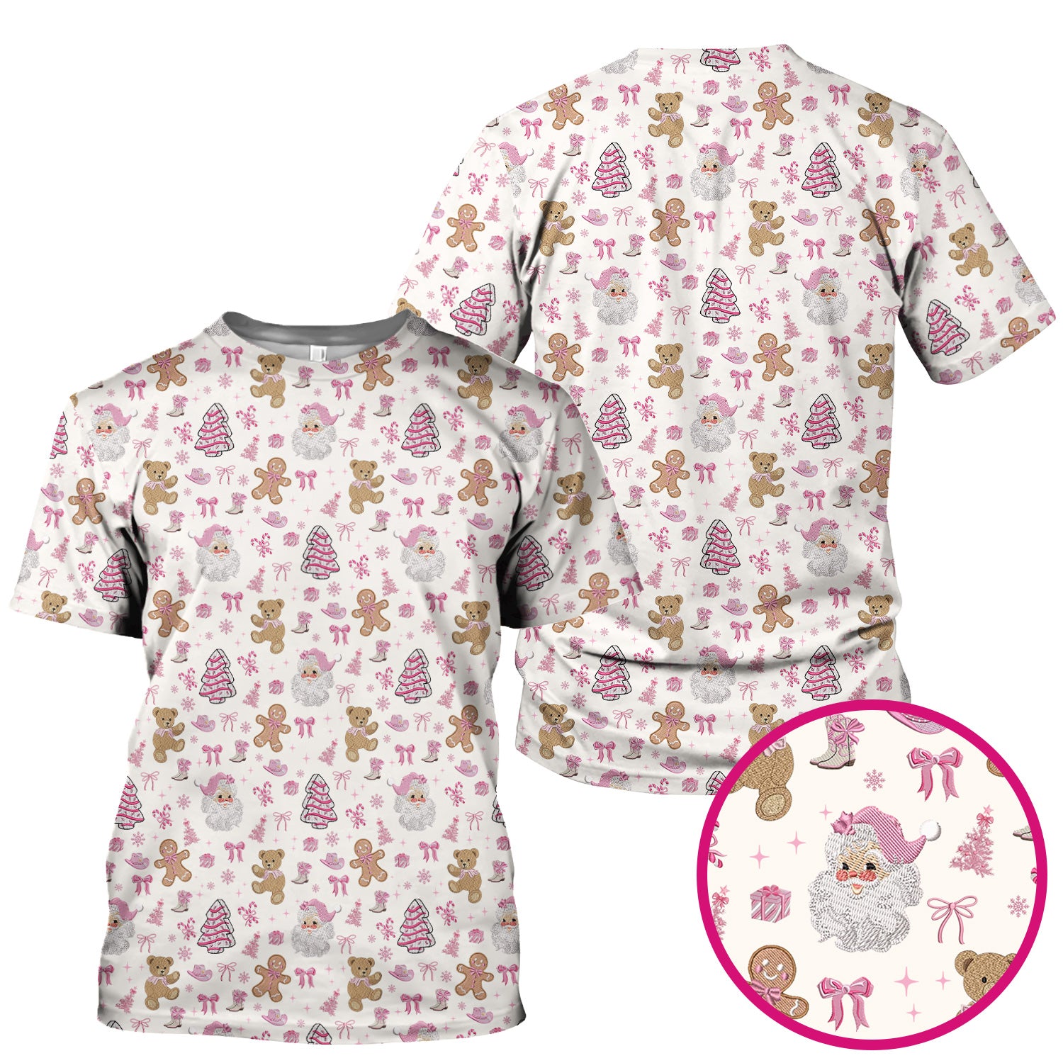 Pink Christmas Santa Gingerbread Scrub Top, Cute Holiday Medical Pattern Shirt, Breathable Fabrics Nursing Uniform