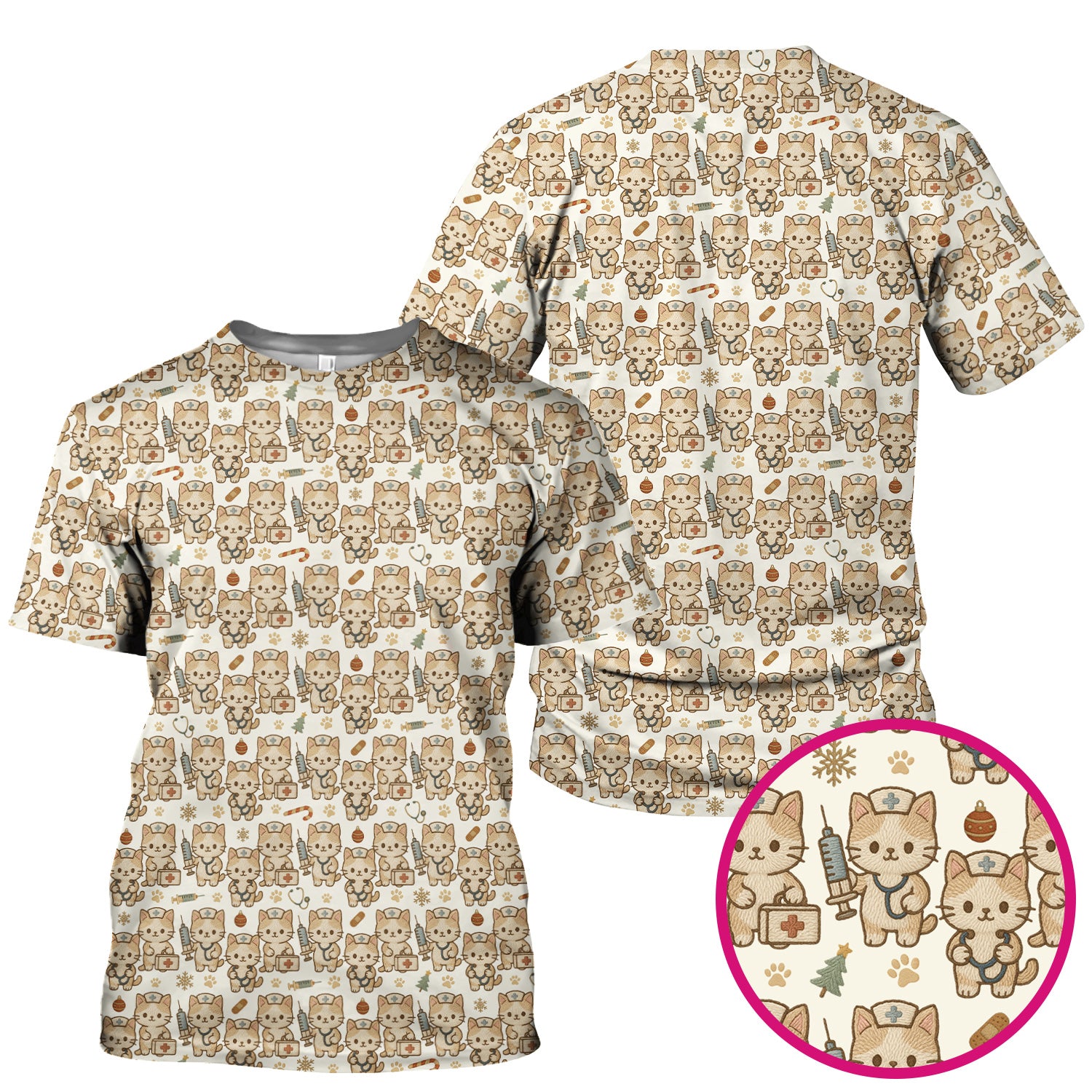 Cute Cat Nurse Christmas Scrub Top, Kawaii Kitty Medical Pattern Shirt, Breathable Fabrics Nursing Uniform